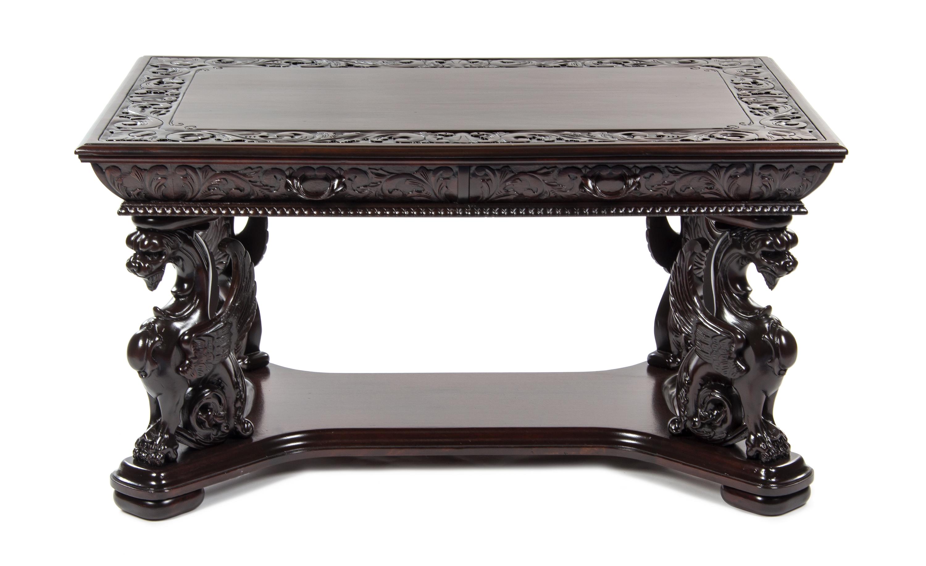 A Renaissance Revival Oak Library Table, AFTER AN EXAMPLE BY R.J. HORNER, MODERN, Height 29 x width 54 1/2 x depth 37 inches. — AFTER AN EXAMPLE BY R.J. HORNER, MODERN,
