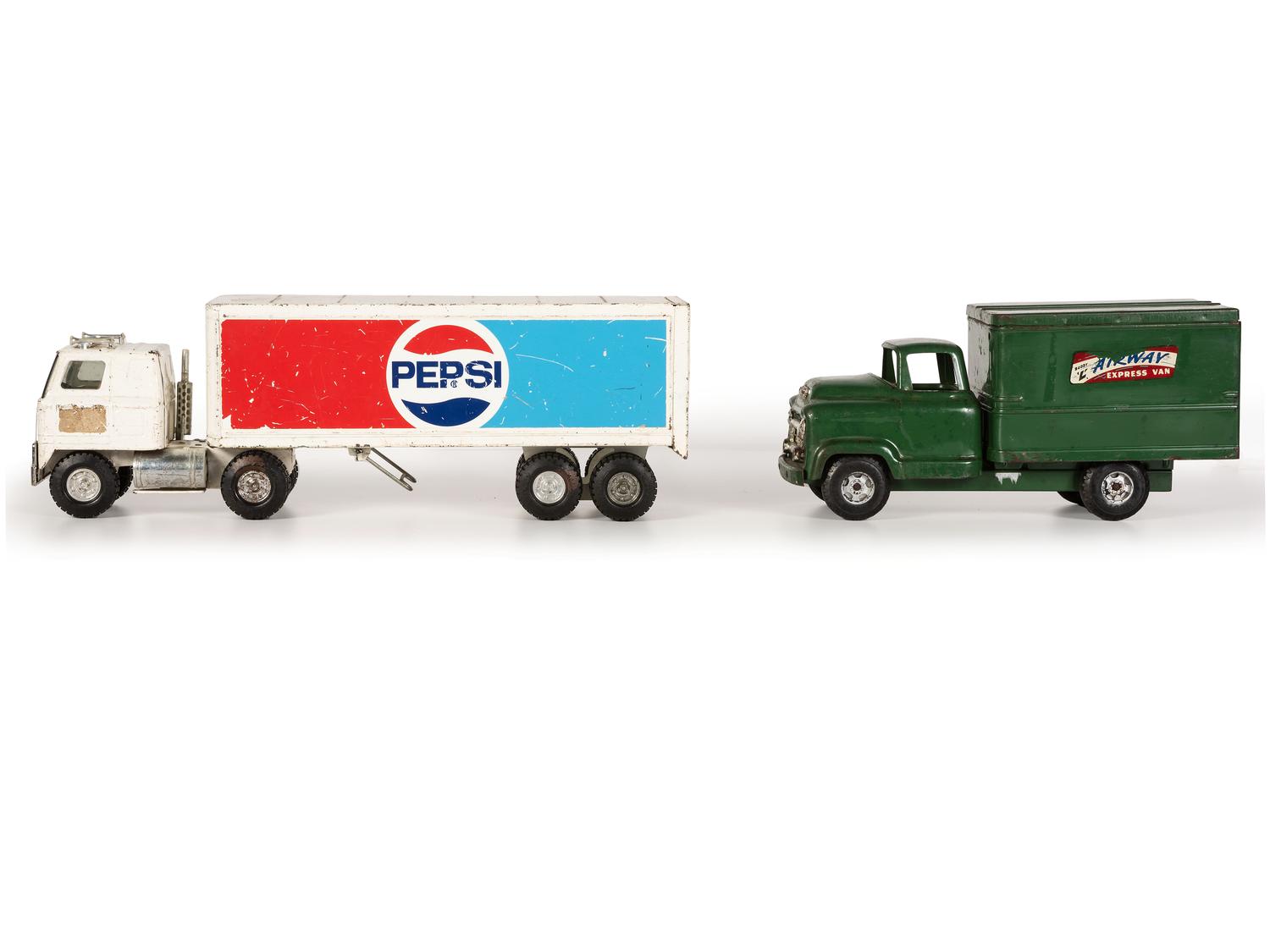 Five Pressed Metal Toy Trucks