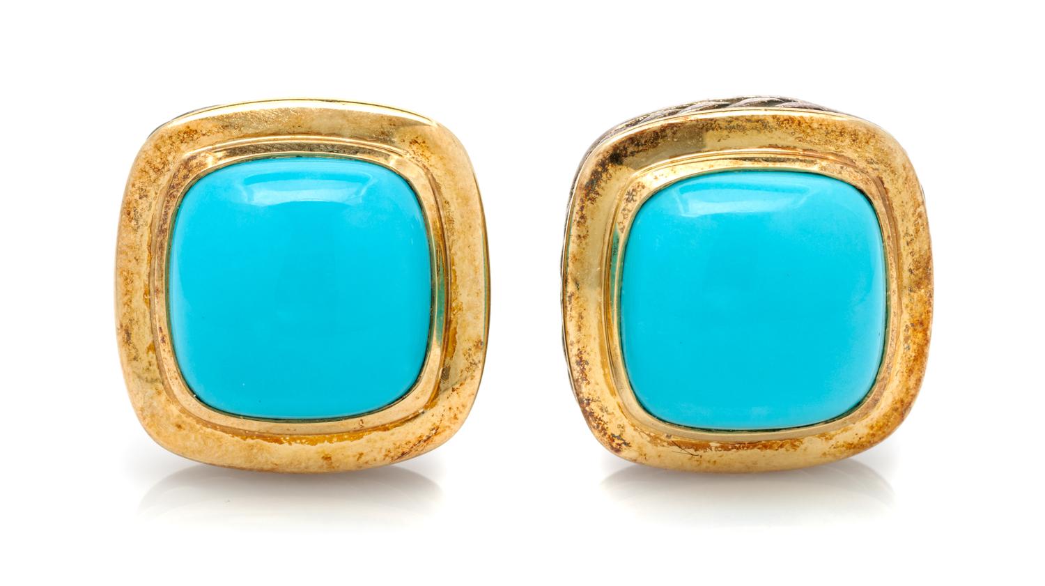 A Pair of Sterling Silver, 18 Karat Yellow Gold and Turquoise 'Albion' Earclips, David Yurman, 15.20 dwts.