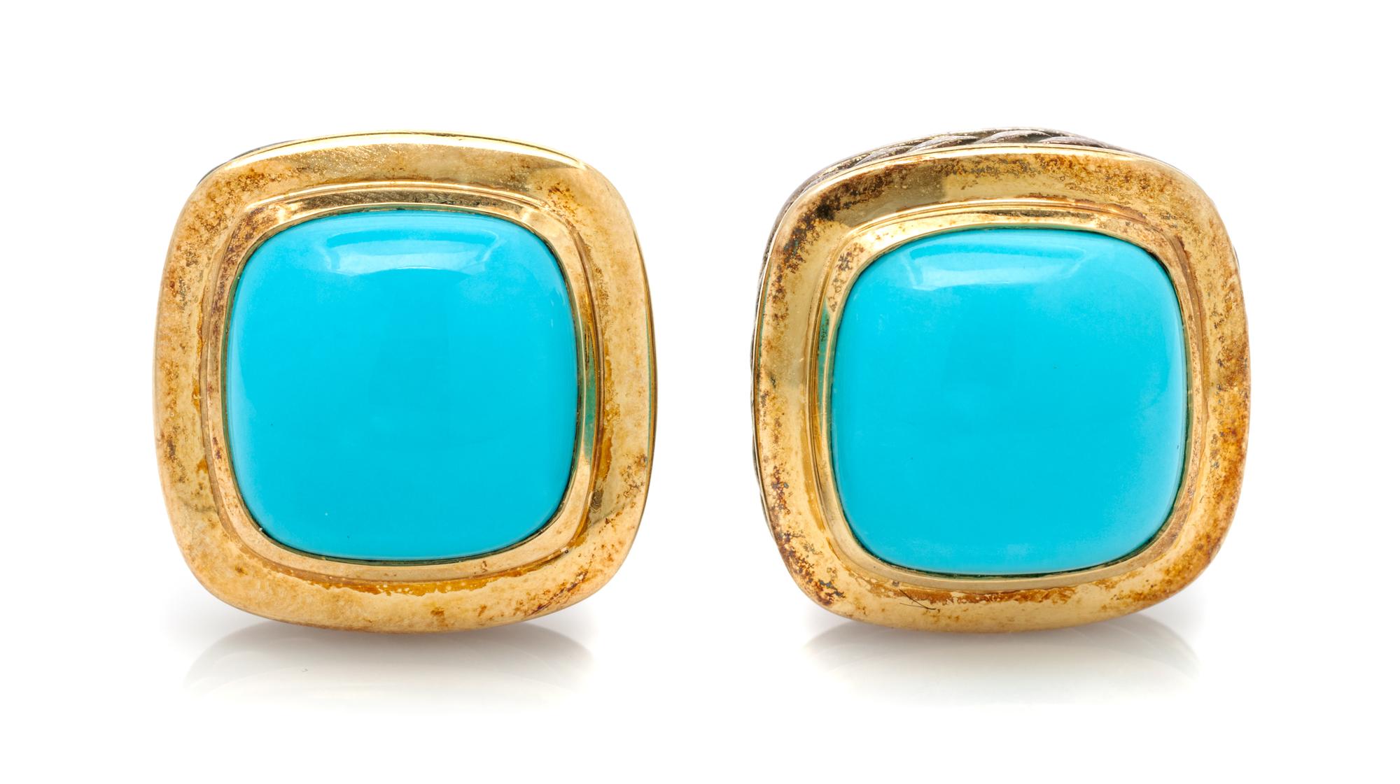A Pair of Sterling Silver, 18 Karat Yellow Gold and Turquoise 'Albion' Earclips, David Yurman, 15.20 dwts.