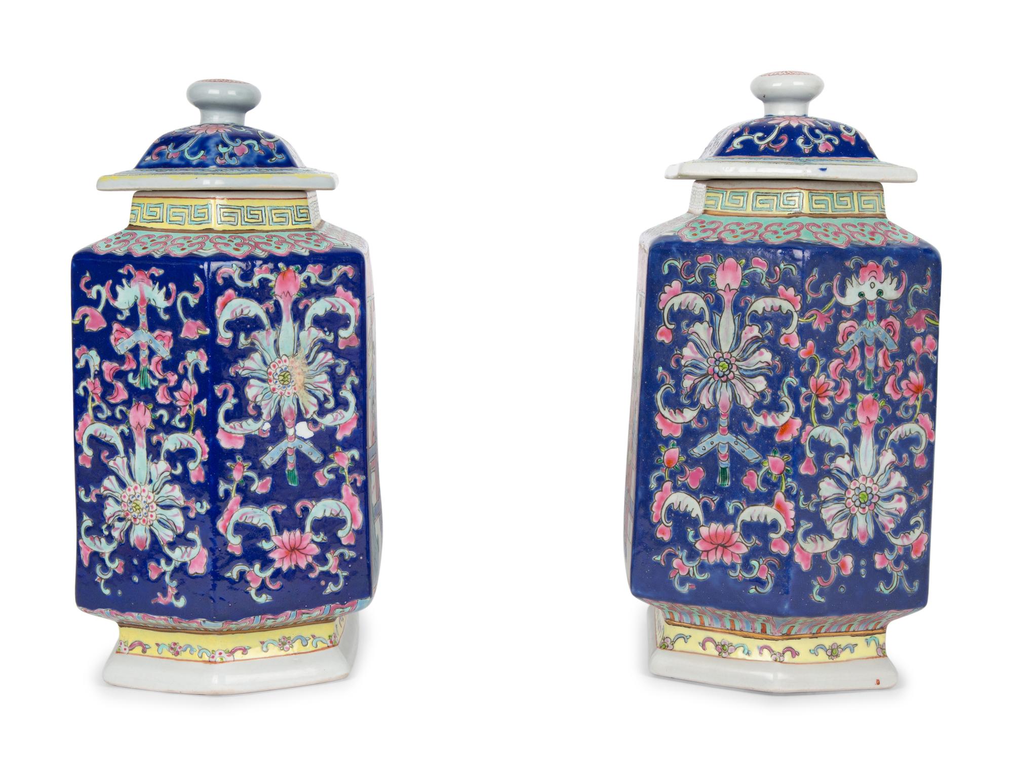 A Pair of Chinese Export Covered Hexagonal Ginger Jars — 19TH/20TH CENTURY