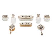 An Austrian Abalone, Enamel and Hardstone Inset Silver Eight-Piece Dresser Set