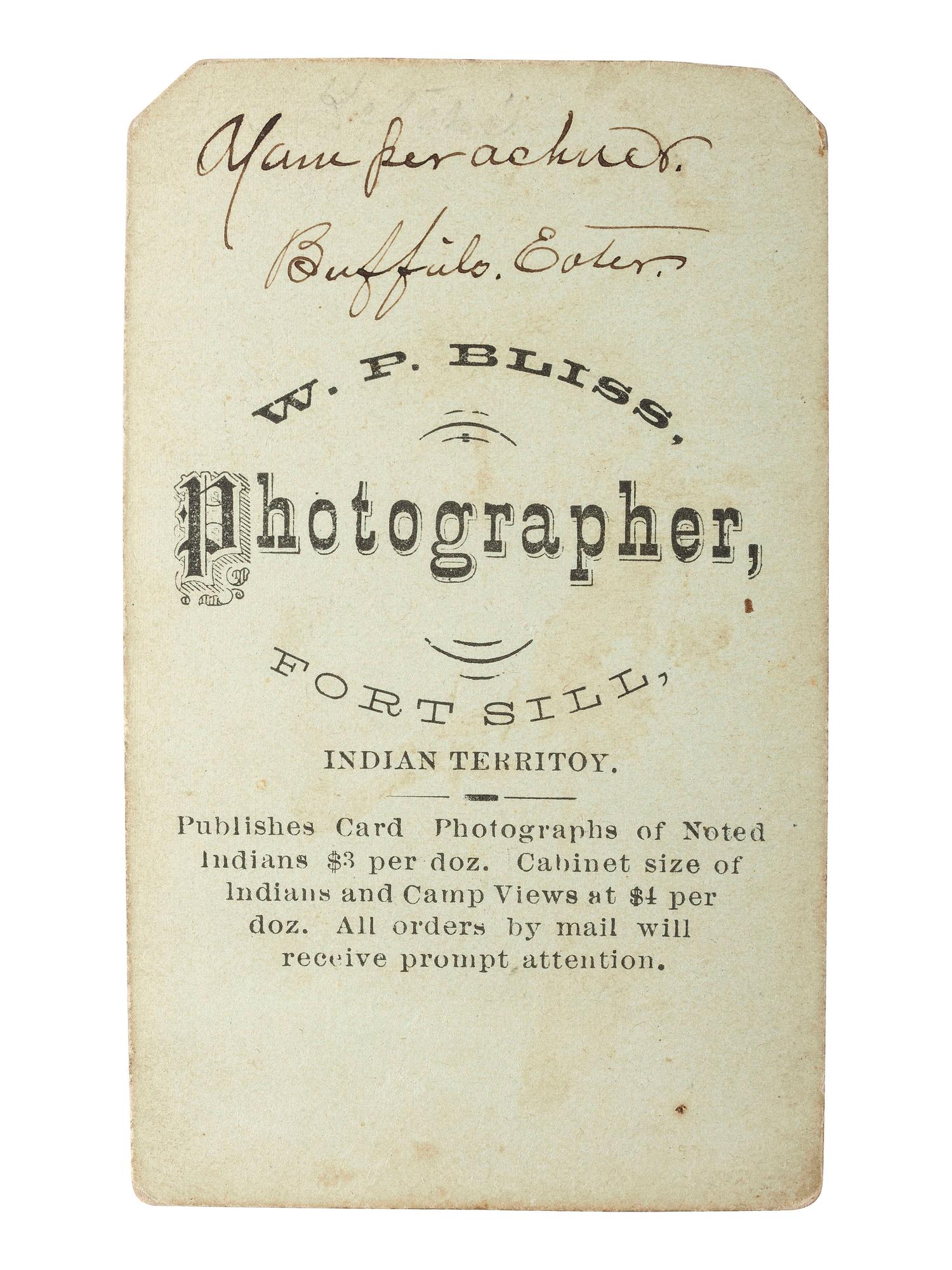 [NATIVE AMERICANS]. BLISS, W.P., photographer. CDV of Southern Arapaho man called "Buffalo Eater." Fort Sill, Indian Territory, ca 1870.