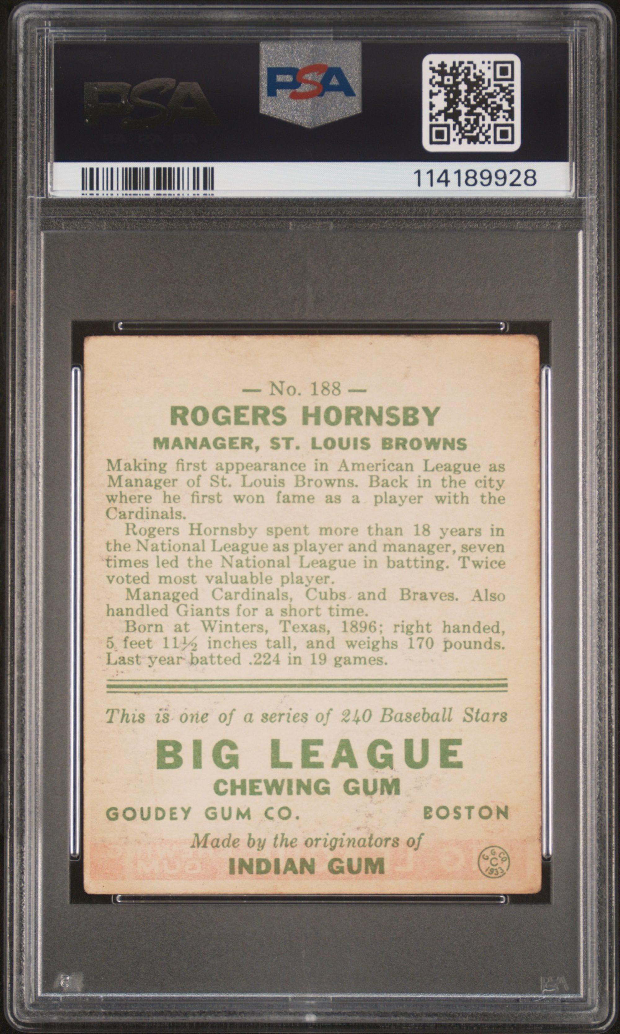A 1933 Goudey Rogers Hornsby Baseball Card No. 188 (PSA 1.5)