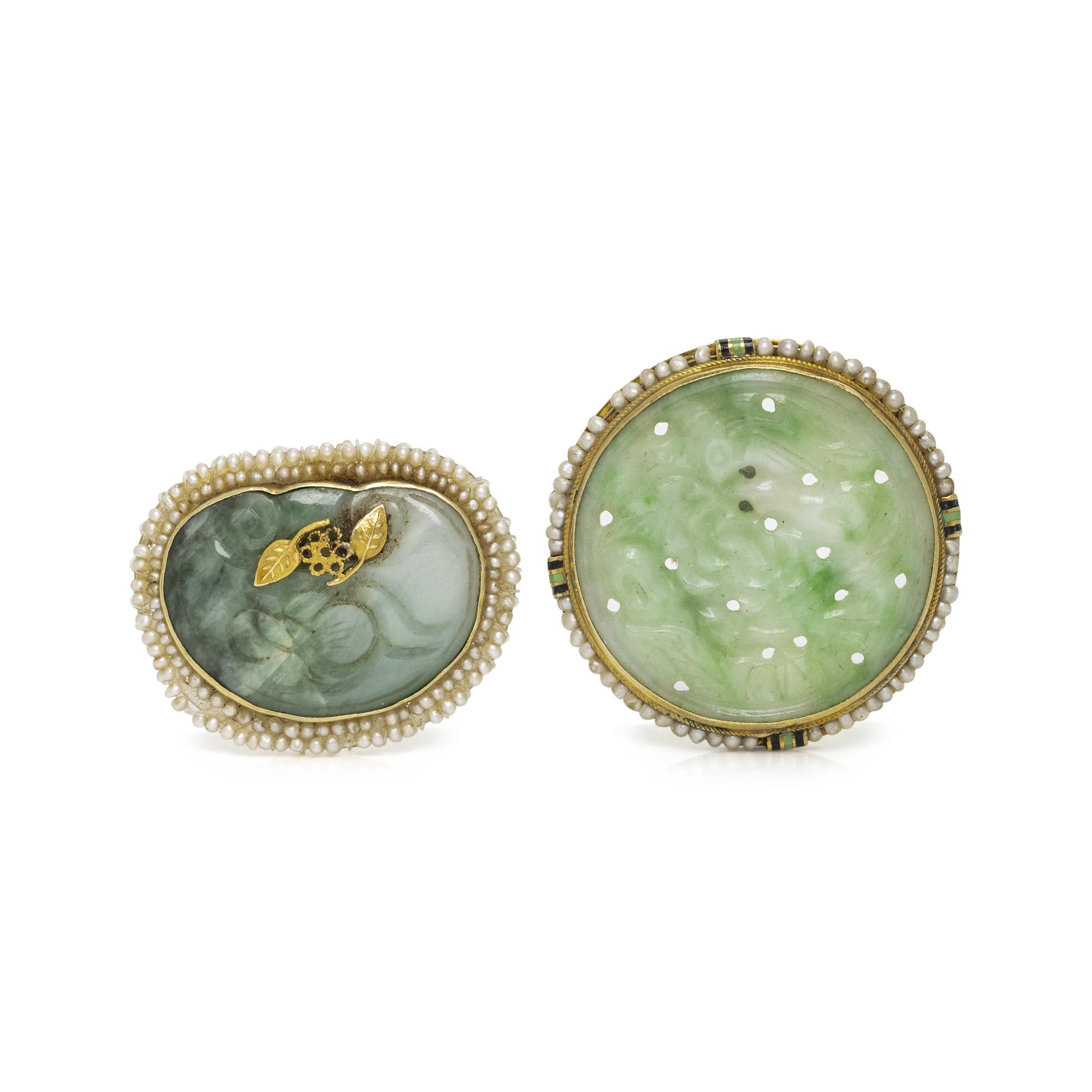 YELLOW GOLD, JADE AND SEED PEARL BROOCHES