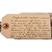 Union Prisoner of War ration bag and ration sent to President Abraham Lincoln and ultimately presented to the Military Order of the Loyal Legion of the United States.