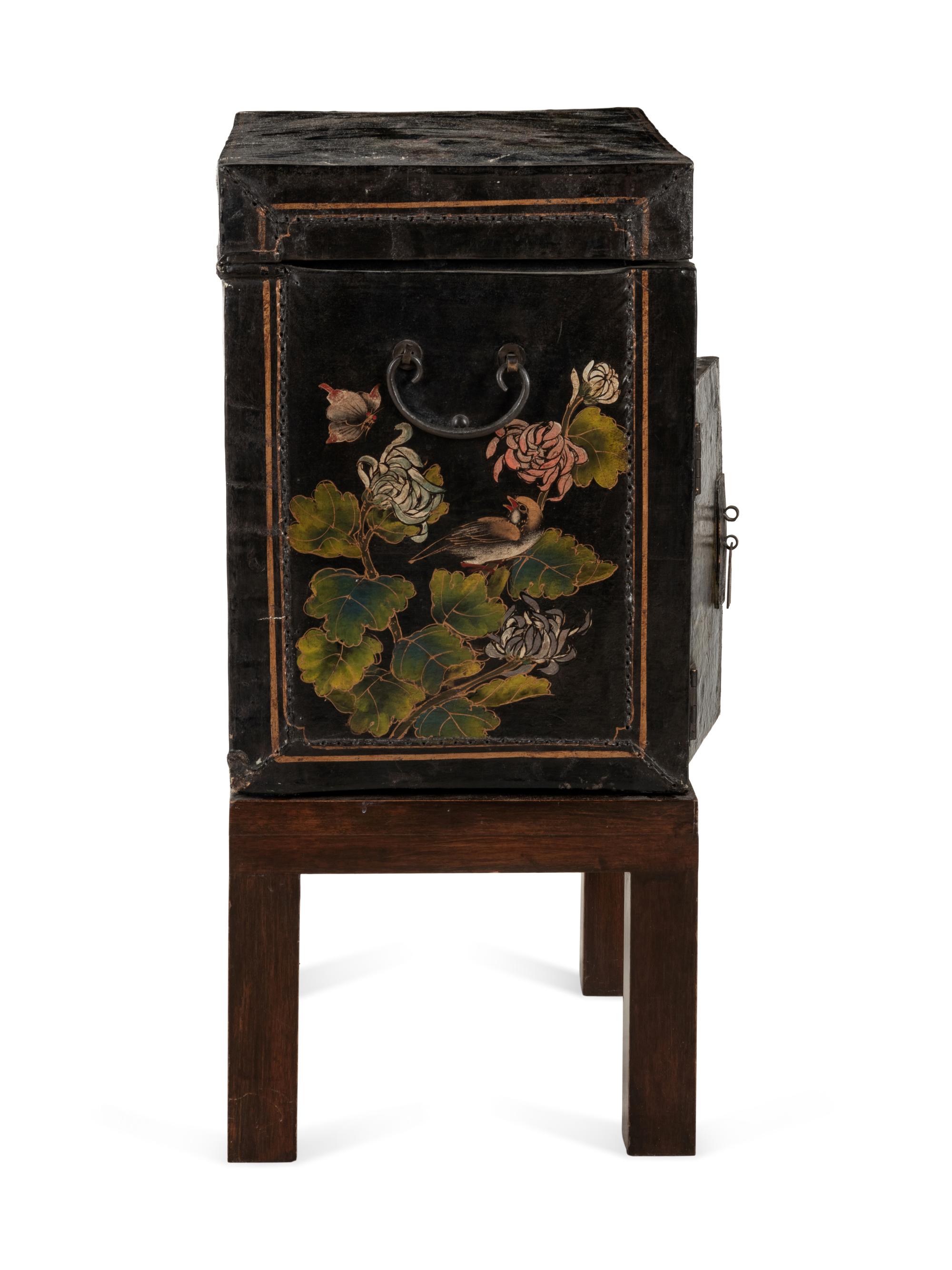 A Chinese Export Papier-Mâché Cabinet on Later Stand