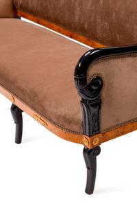 A Pair of Directoire Style Parcel Ebonized Burlwood Settees