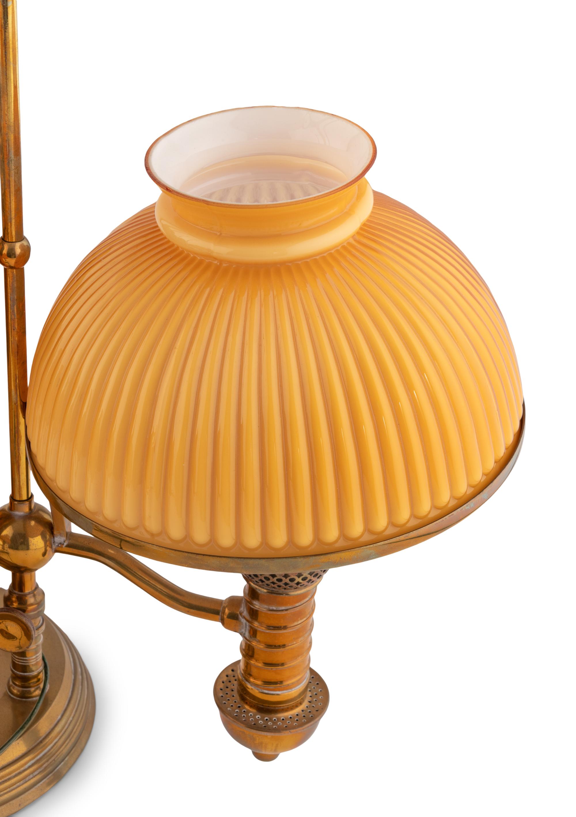 A Pair of Victorian Brass and Opaline Glass Double Student Lamps