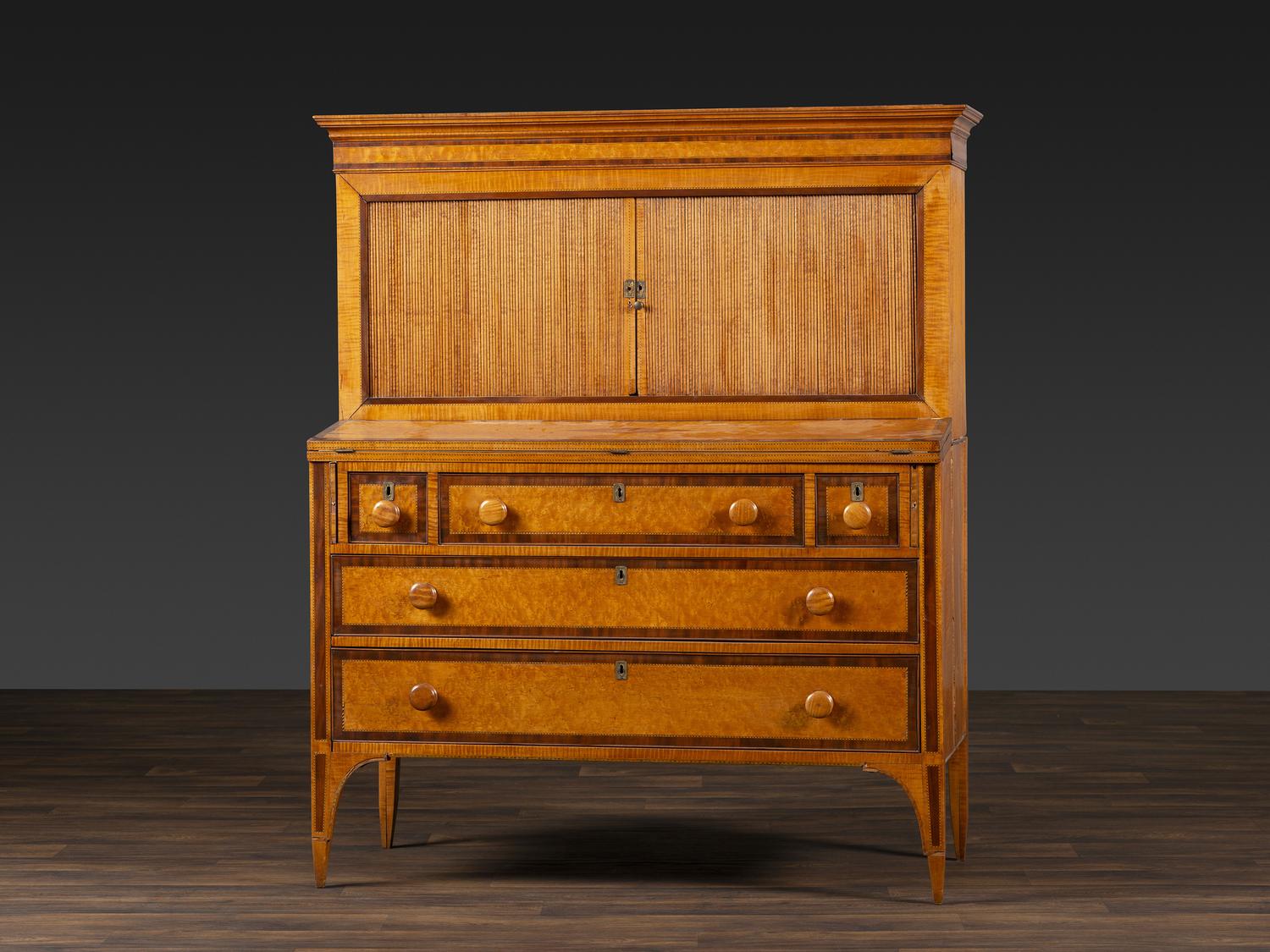 A Federal Inlaid Bird's Eye Maple and Mahogany Tambour Writing Desk