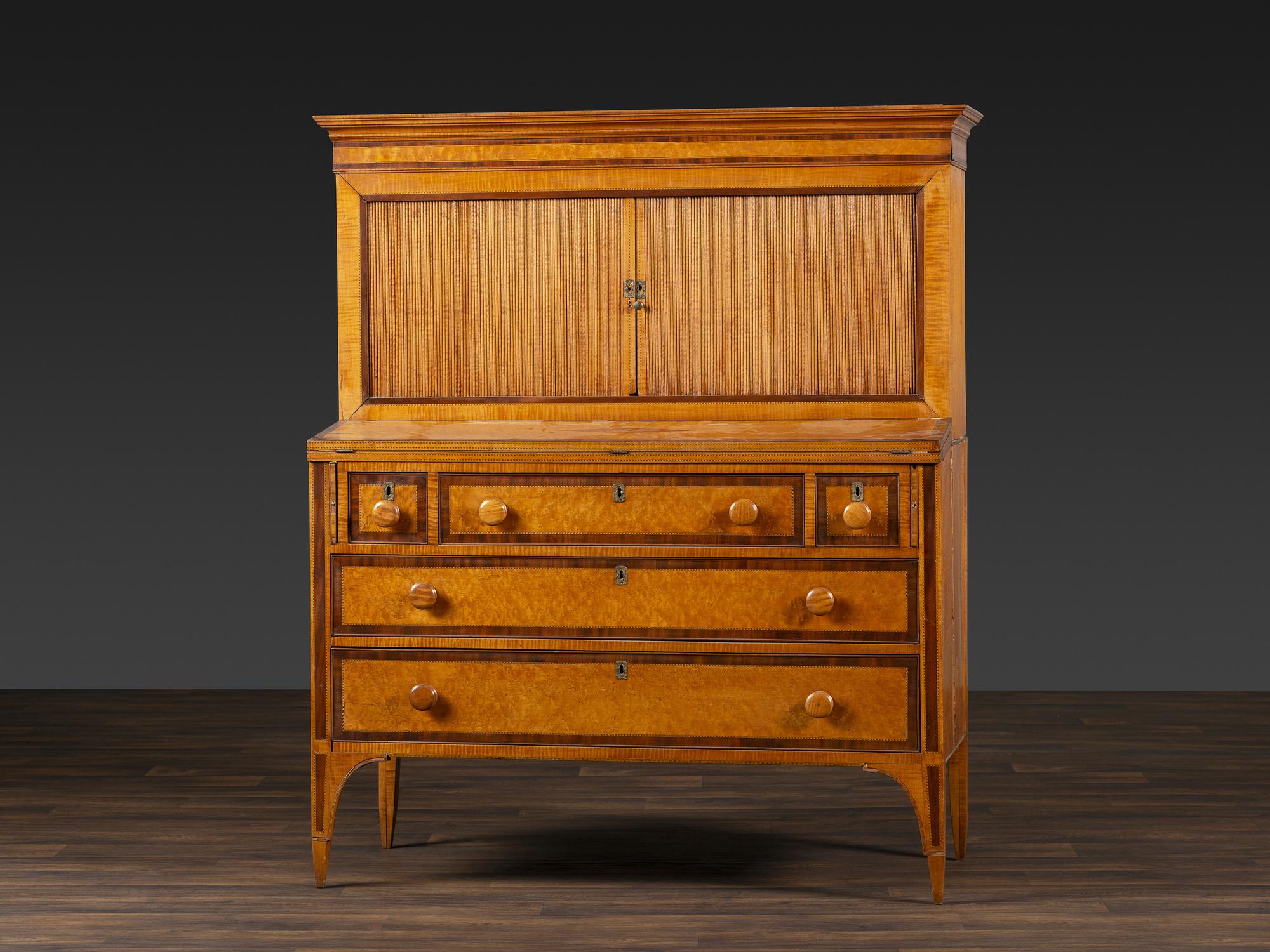 A Federal Inlaid Bird's Eye Maple and Mahogany Tambour Writing Desk