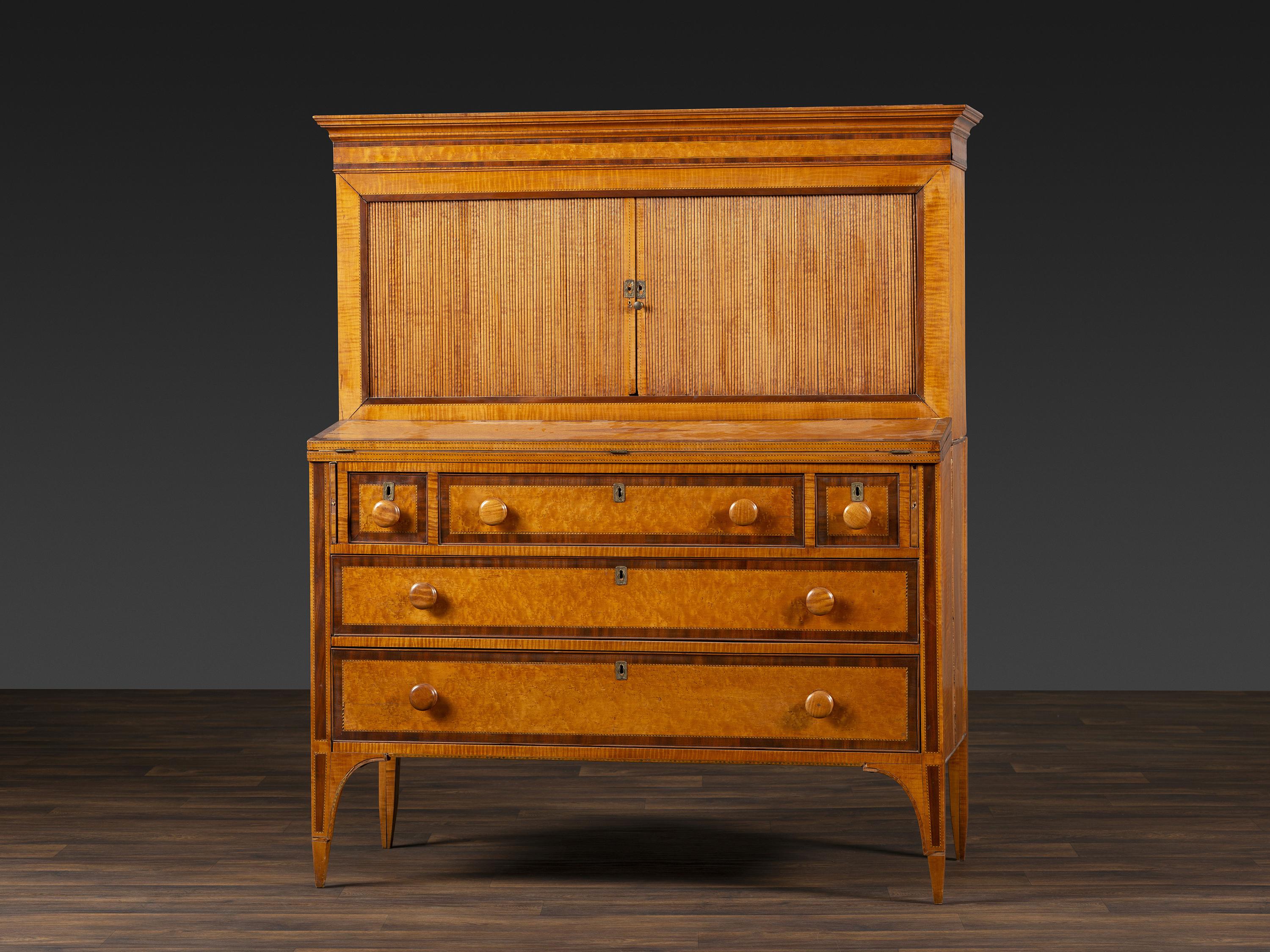 A Federal Inlaid Bird's Eye Maple and Mahogany Tambour Writing Desk