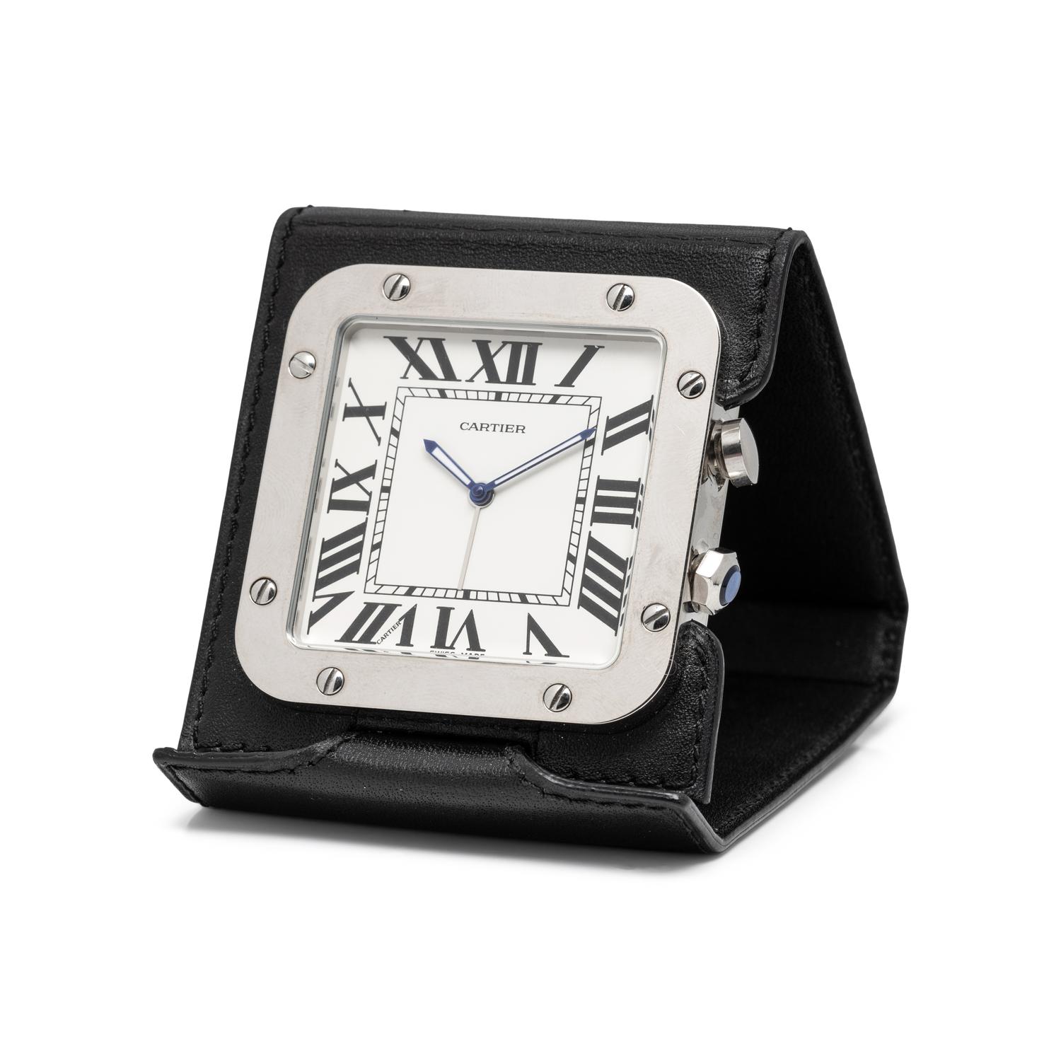 CARTIER, STAINLESS STEEL 'SANTOS' TRAVEL ALARM CLOCK