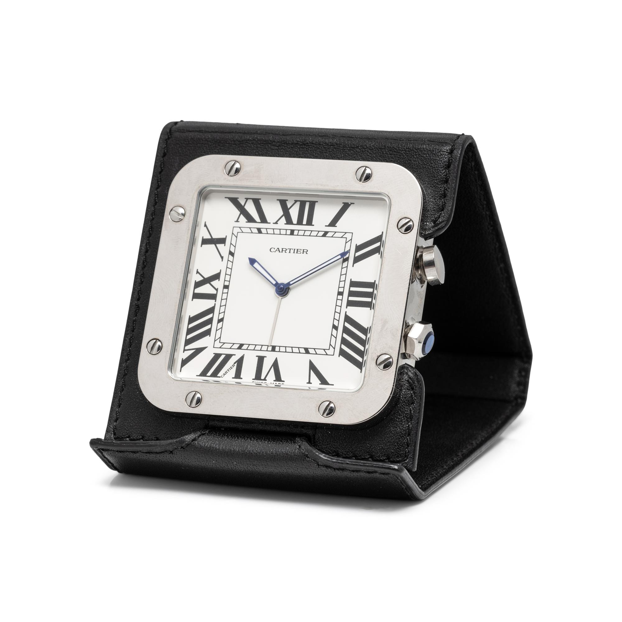 CARTIER, STAINLESS STEEL 'SANTOS' TRAVEL ALARM CLOCK