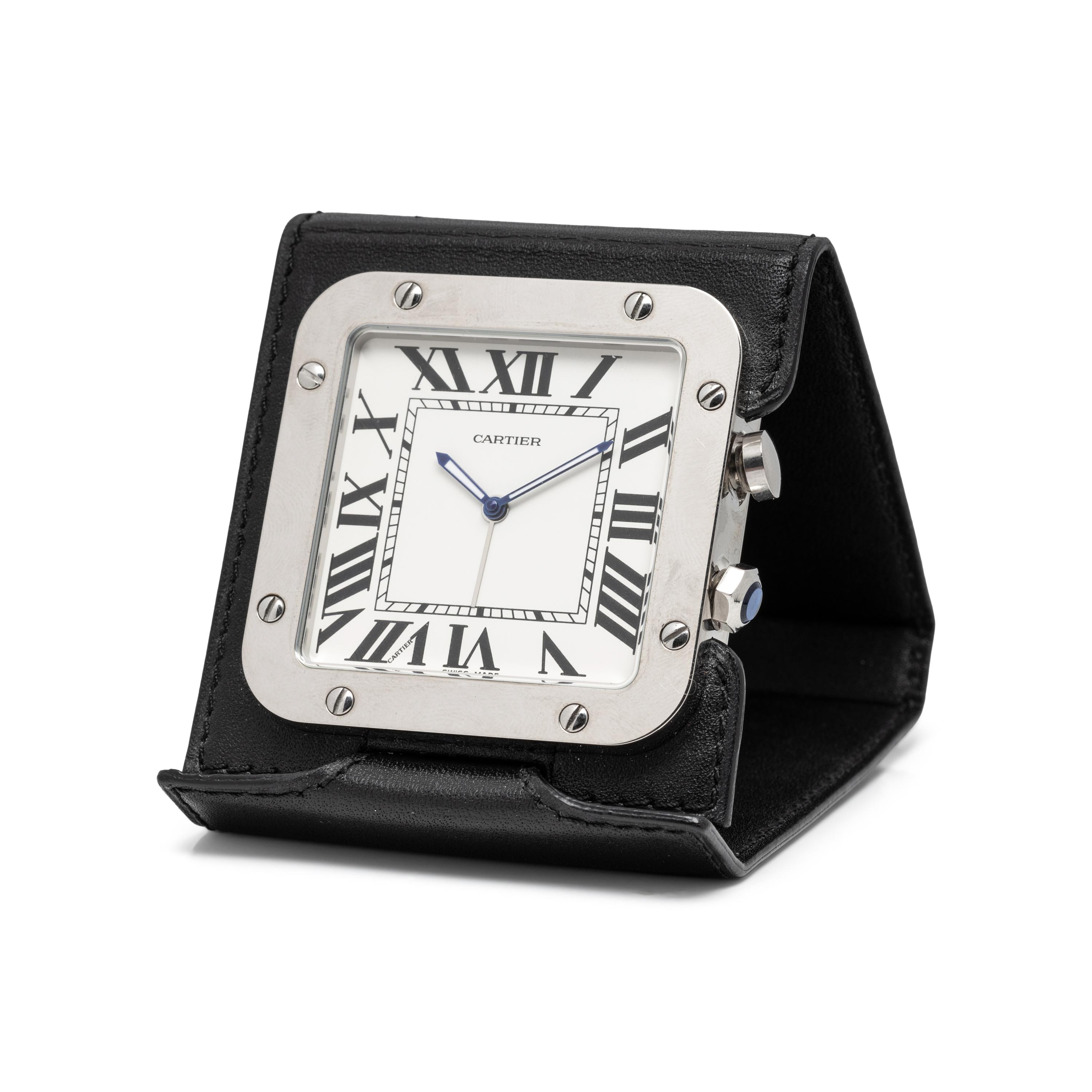 CARTIER, STAINLESS STEEL 'SANTOS' TRAVEL ALARM CLOCK