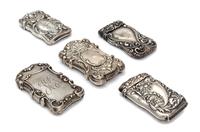 A Collection of Five American Silver Vesta Cases, Various Makers, each case worked to show C-scroll and foliate motifs centered by an e