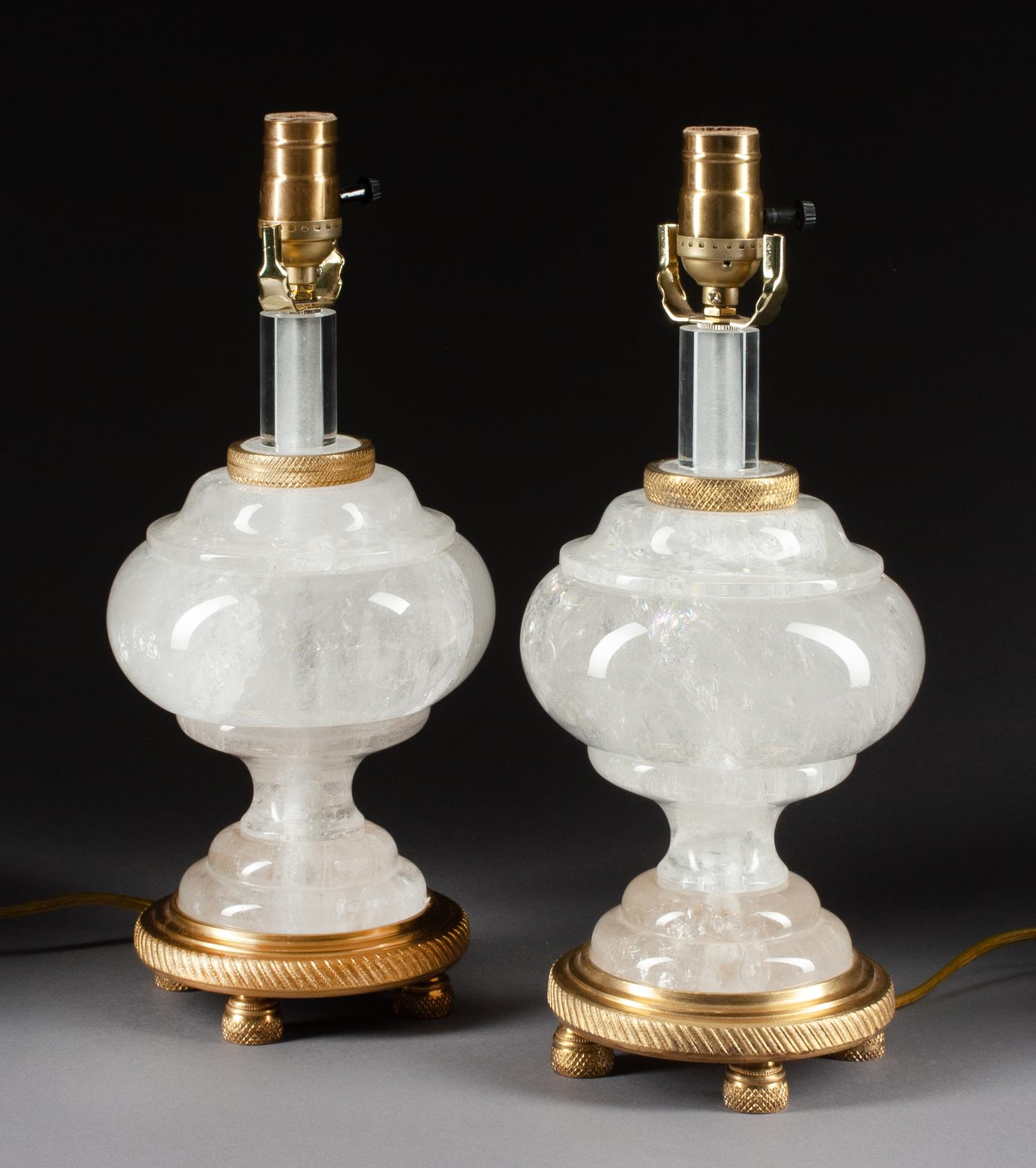 A Pair of Gilt Bronze Mounted Rock Crystal Lamps Height of rock crystal 7 inches.