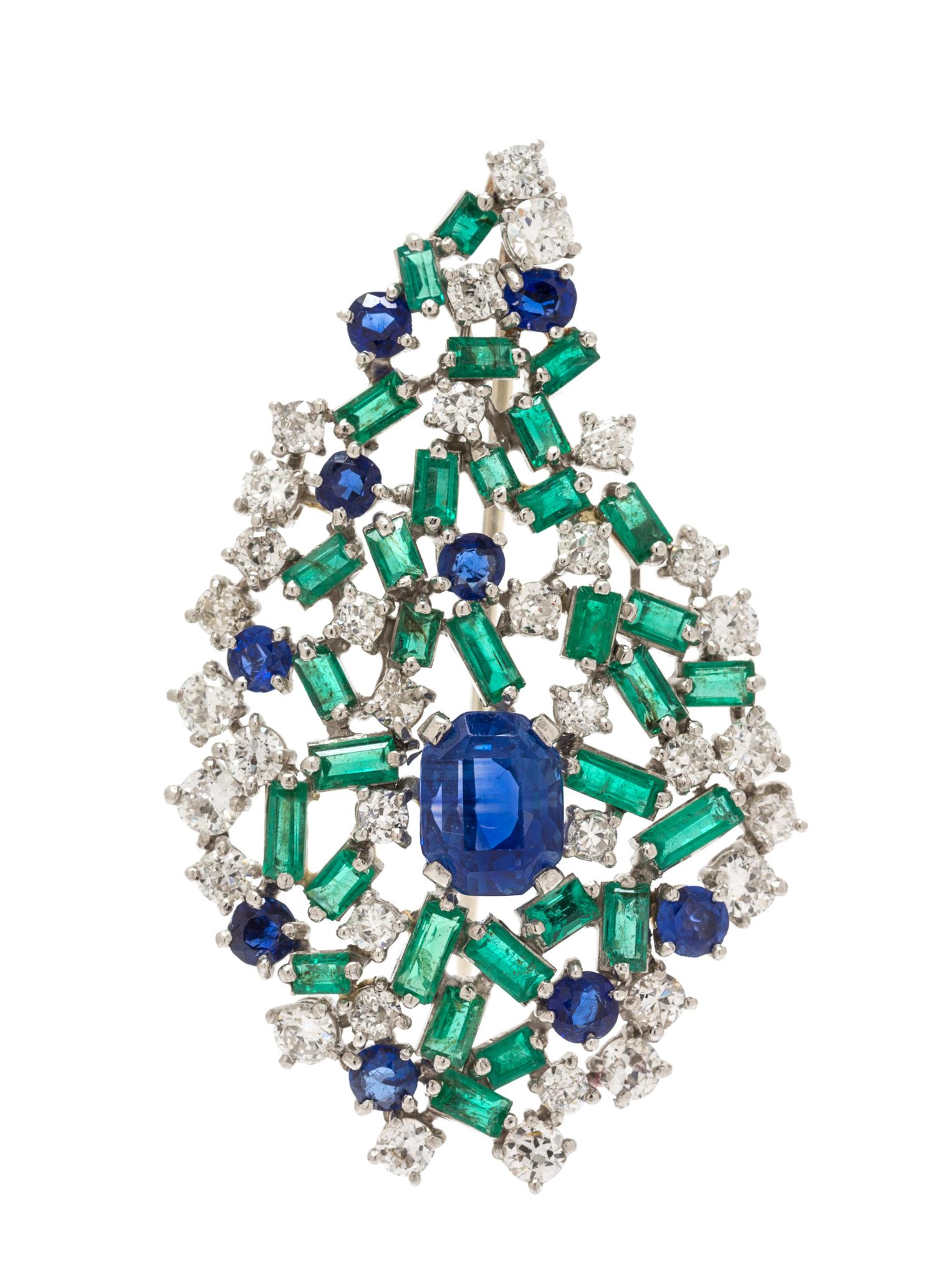 A Platinum, Sapphire, Emerald and Diamond Brooch, 12.30 dwts.