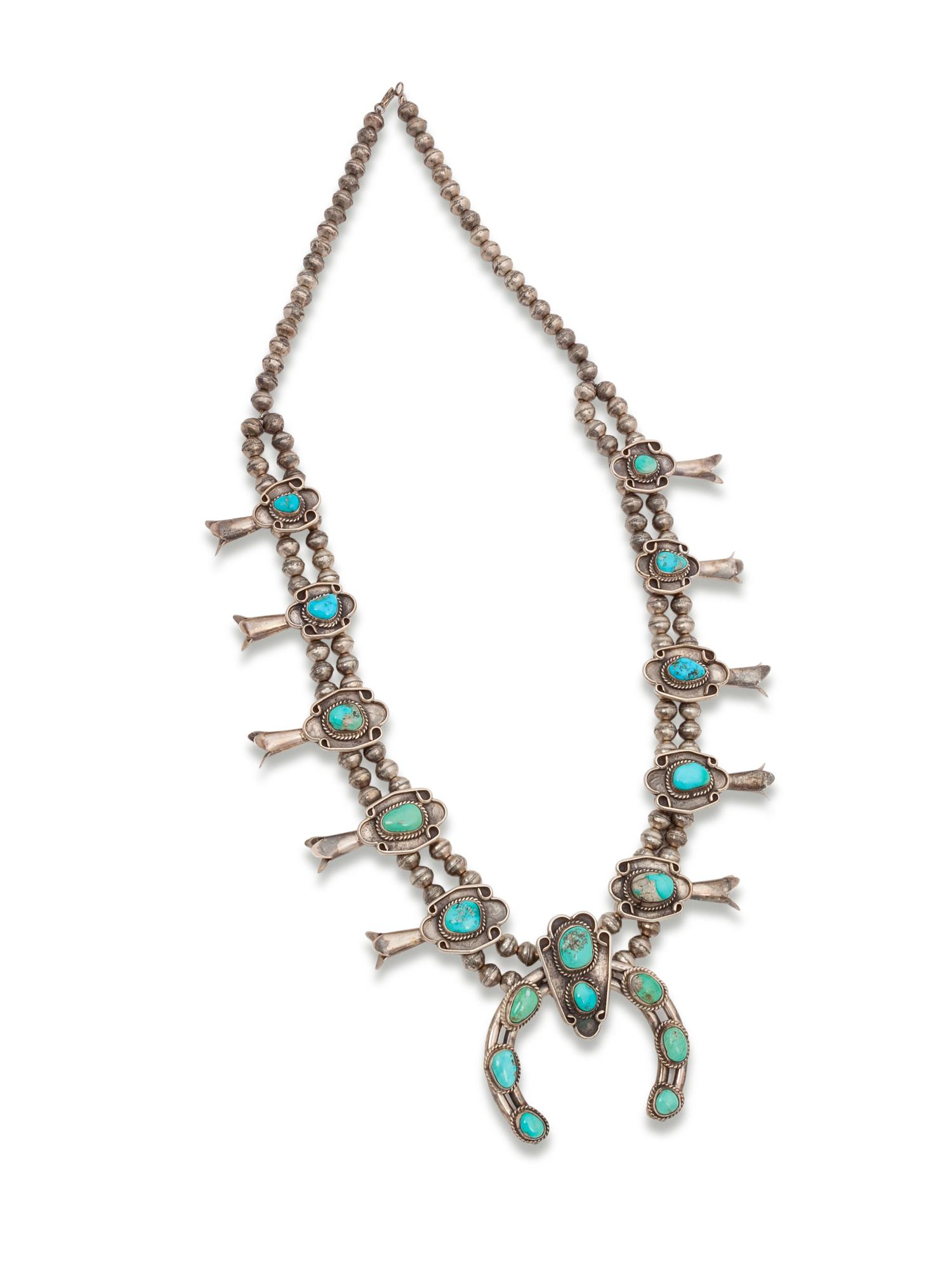 Navajo Silver Squash Blossom Necklace, with Turquoise Cabochons in Rope Bezels