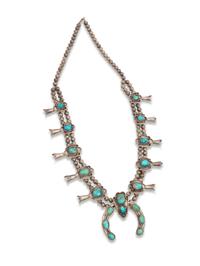 Navajo Silver Squash Blossom Necklace, with Turquoise Cabochons in Rope Bezels
