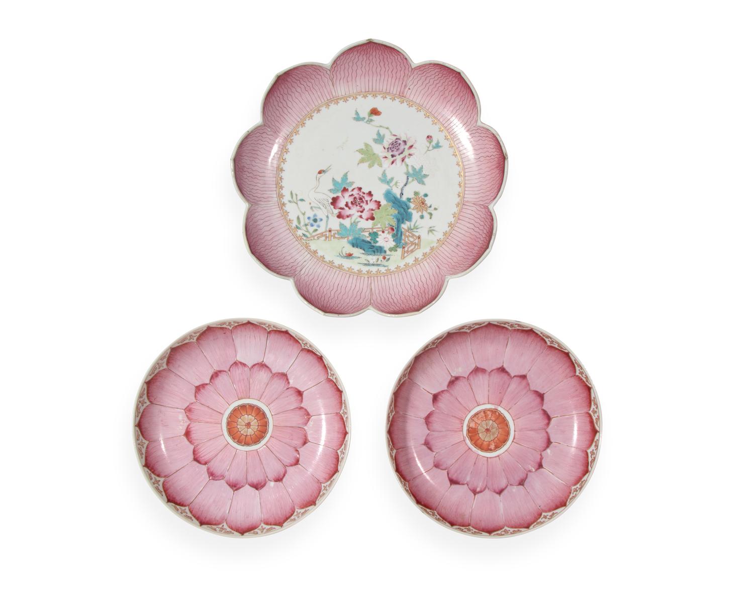 A group of three Chinese Export porcelain pink lotus bowls, mid-18th century