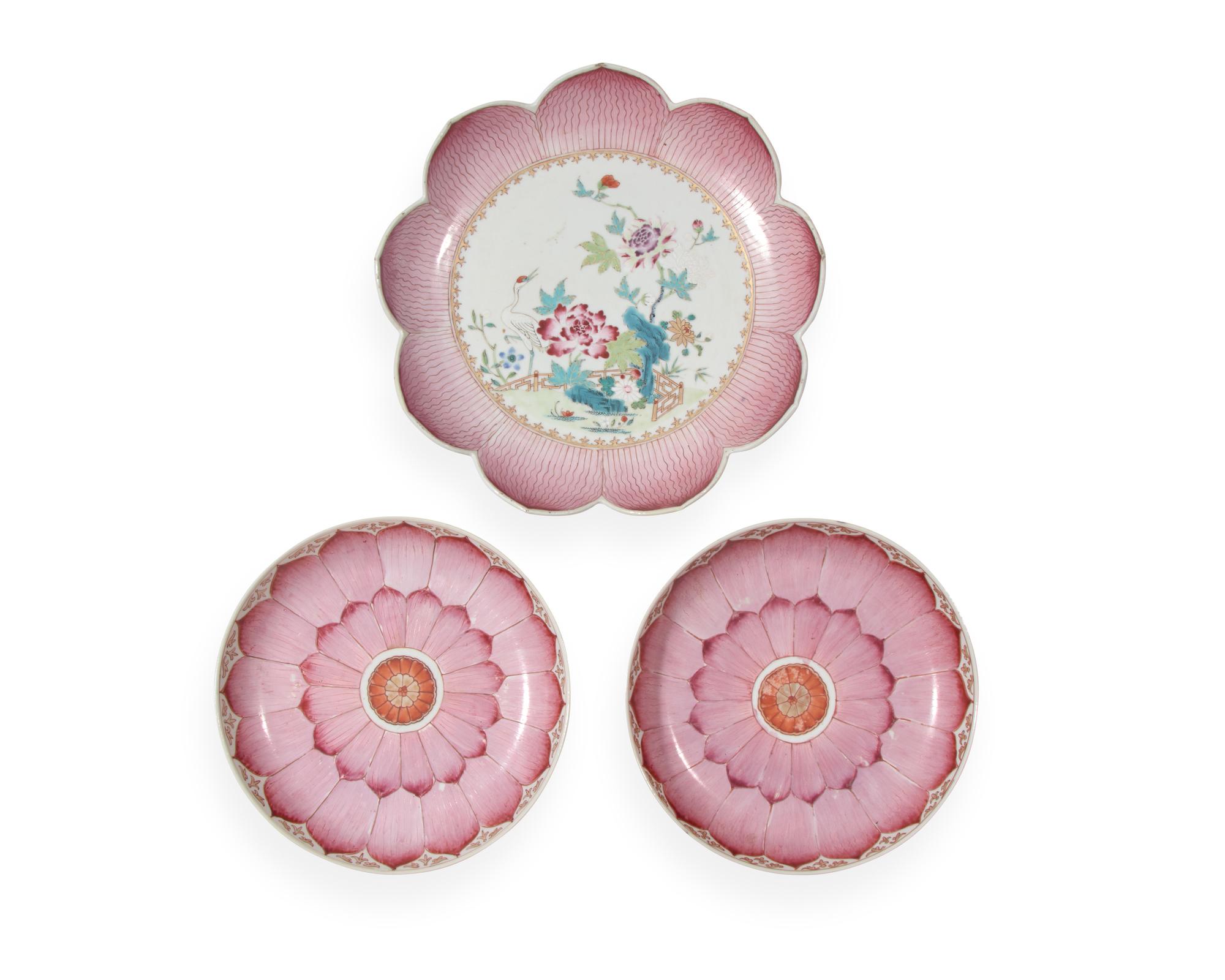 A group of three Chinese Export porcelain pink lotus bowls, mid-18th century