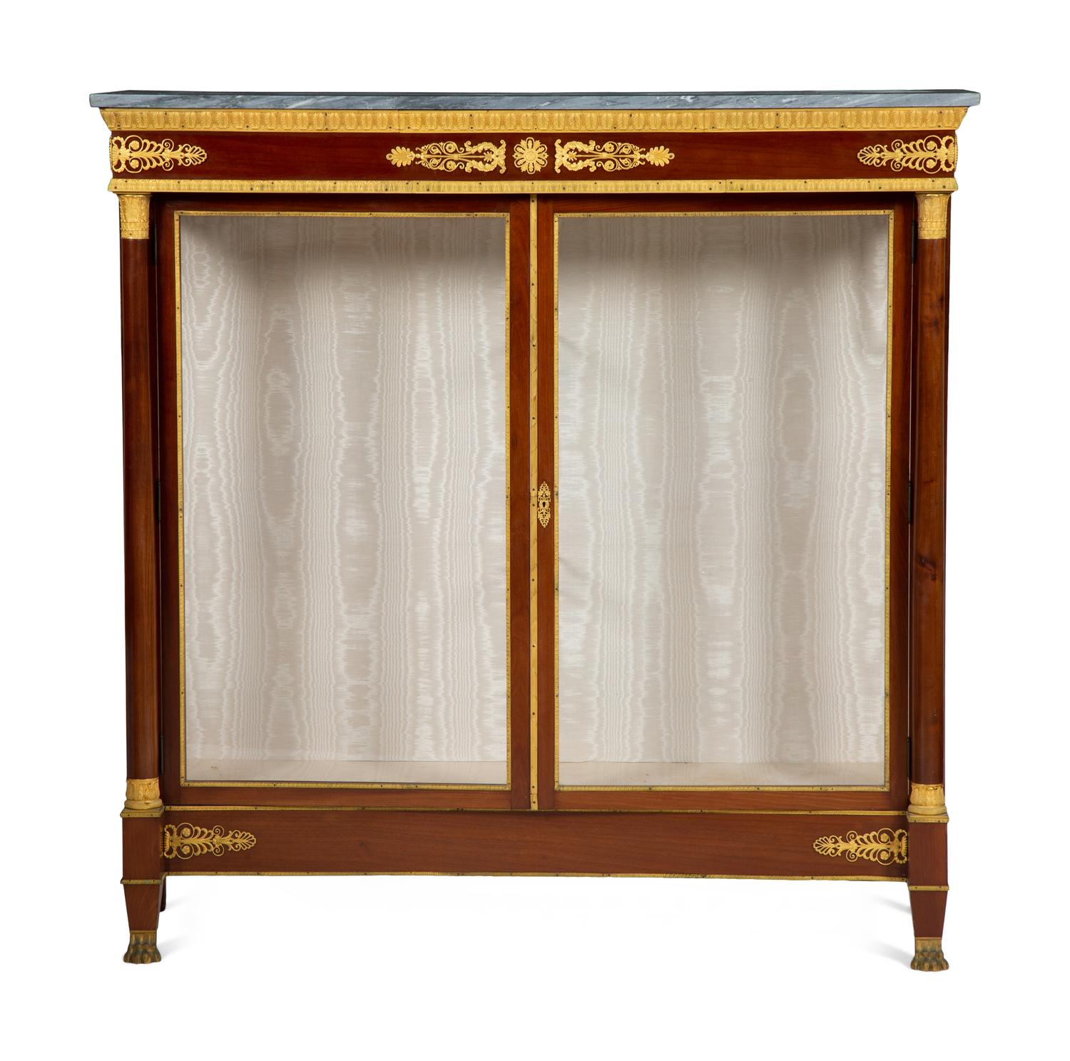 A Pair of Empire Style Gilt Bronze Mounted Mahogany Marble Top Vitrine Cabinets