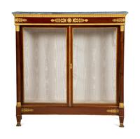 A Pair of Empire Style Gilt Bronze Mounted Mahogany Marble Top Vitrine Cabinets