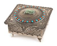 Heavily Stamped Sterling Silver Lidded Box, with Turquoise and Coral Inlay