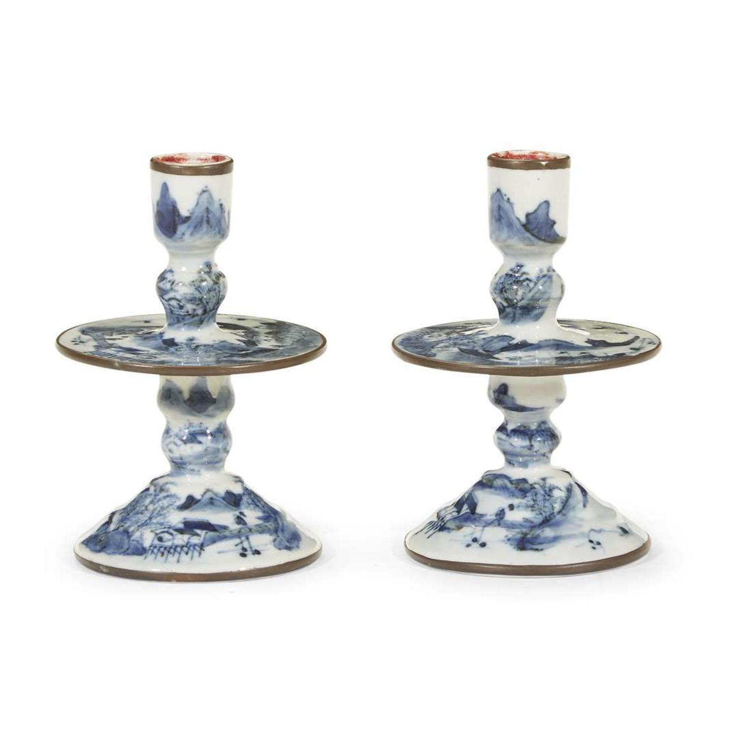 Pair of Chinese Export porcelain blue and white "Heemskerk" style candlesticks Probably 19th century