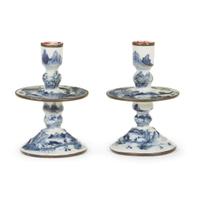 Pair of Chinese Export porcelain blue and white "Heemskerk" style candlesticks Probably 19th century