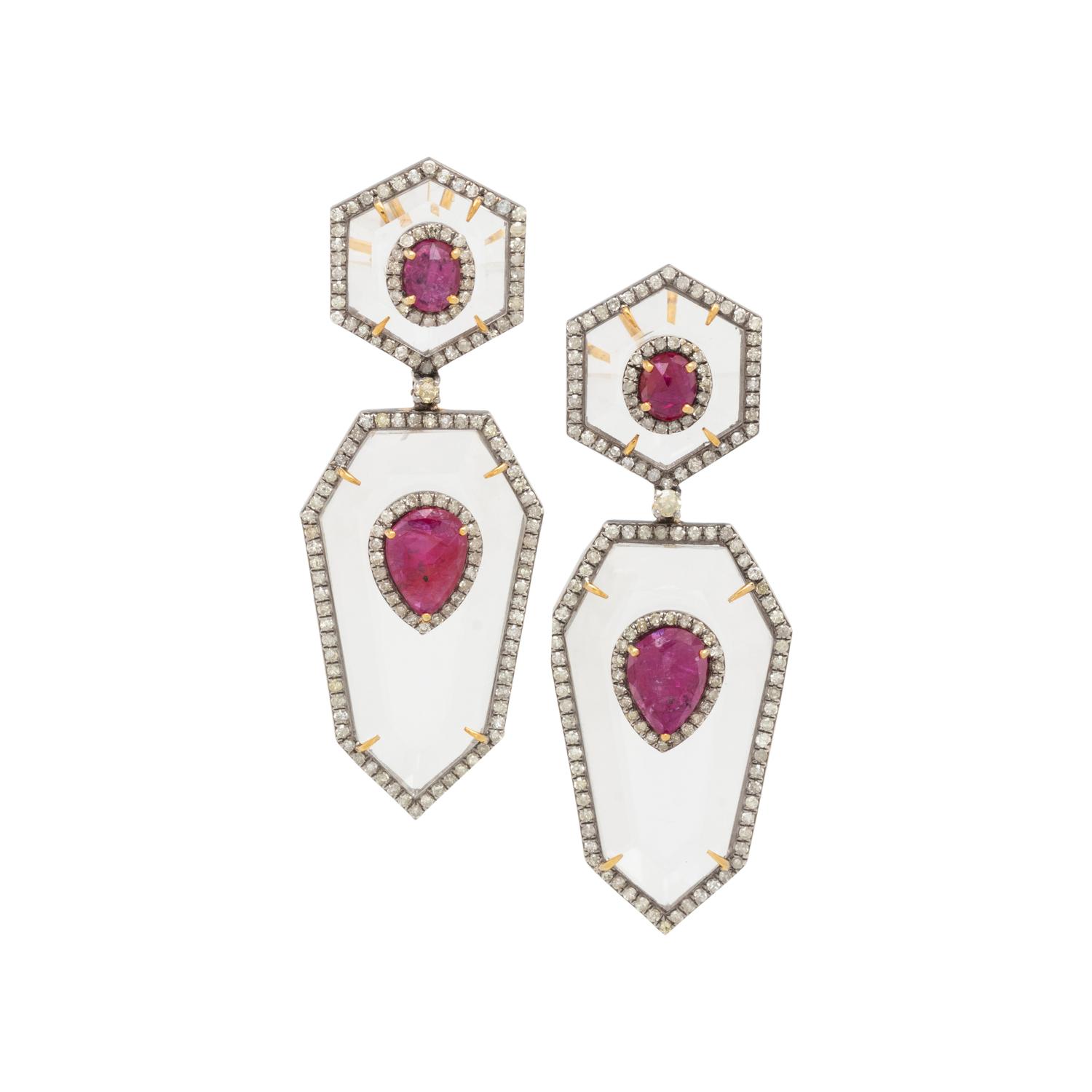 ROCK CRYSTAL, RUBY AND DIAMOND EARRINGS