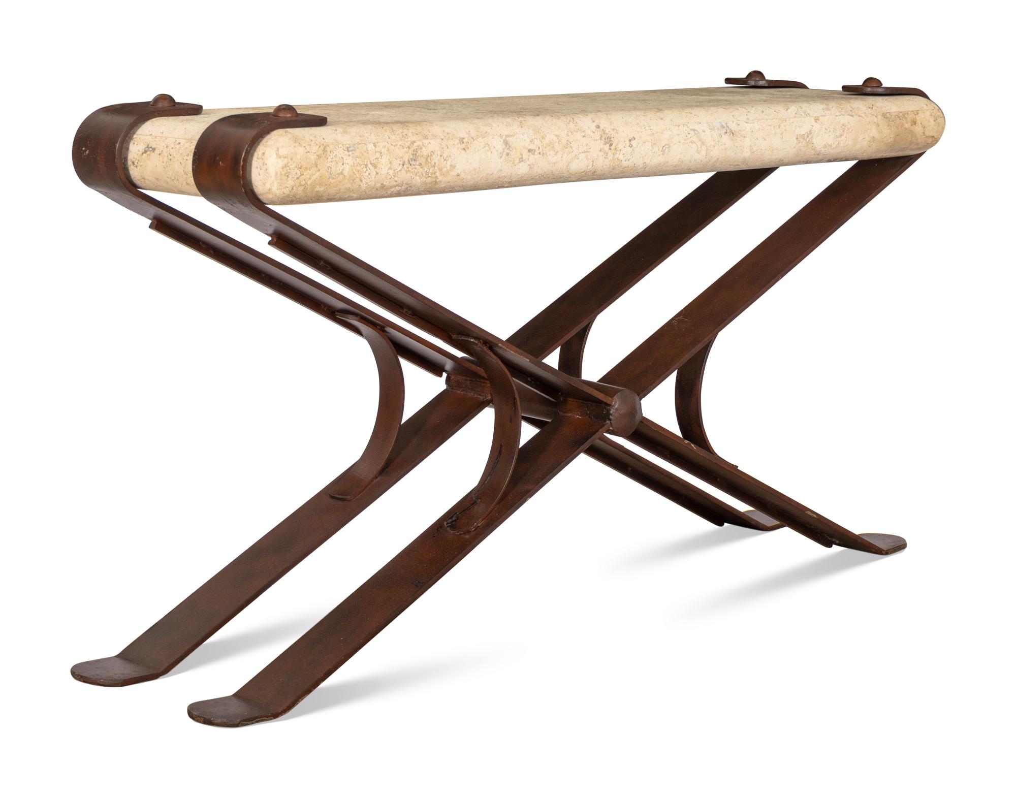 A Contemporary Wrought Iron X-Form Sofa Table with Stone Top