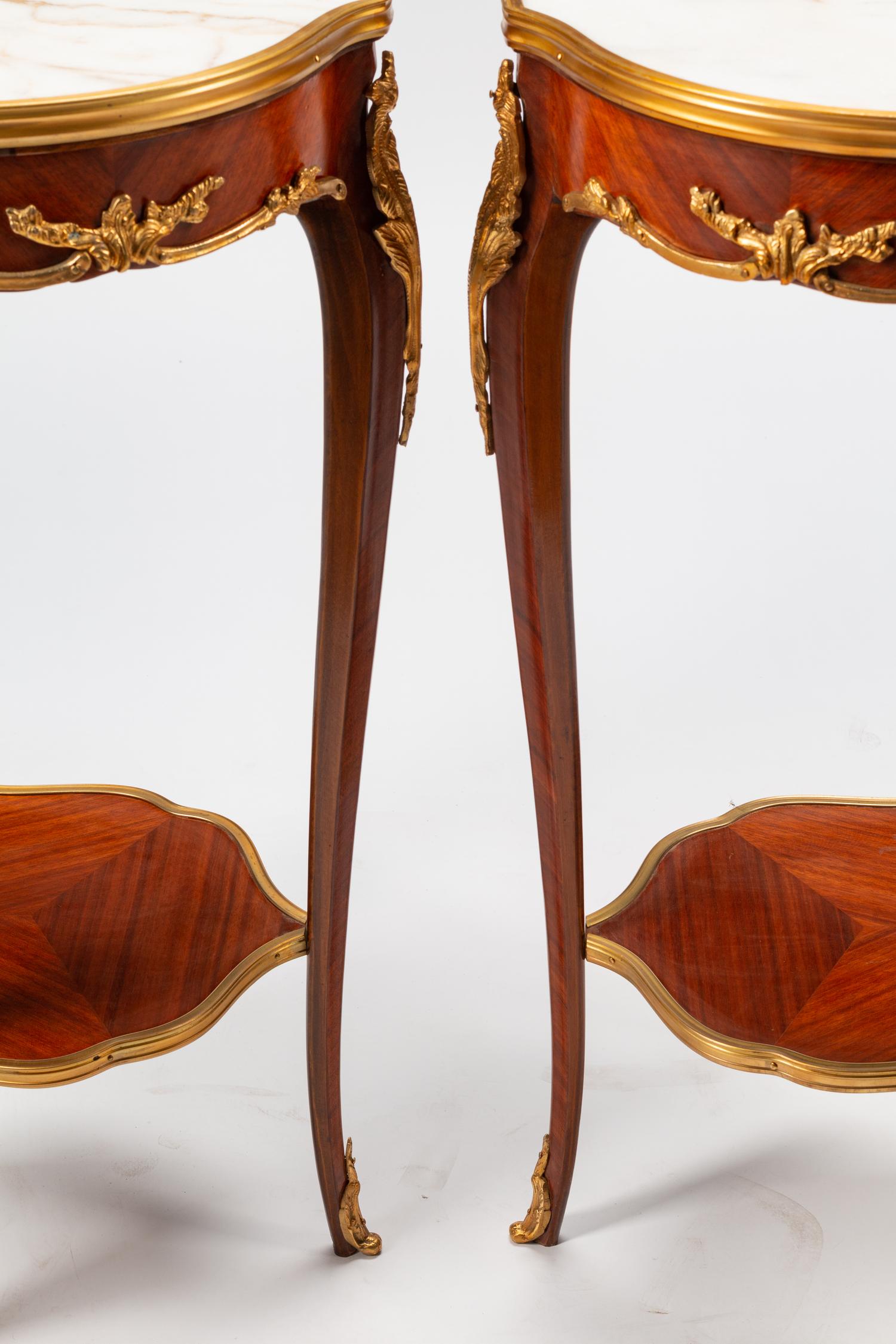 A Pair of Louis XV Style Gilt Bronze Mounted Marble-Top Tables