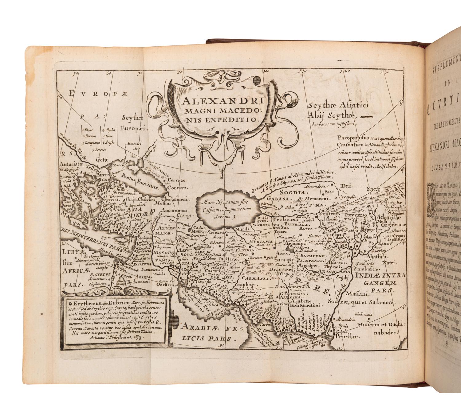 CURTIUS RUFUS, Quintus. De rebus gestis Alexandri Magni, Cum Commentariis Raderi, Salmasii, Bongarsii, Gronovii, Popmae, Loccenii, & Freinshemii . Leiden: Petrus vander Aa, 1696.