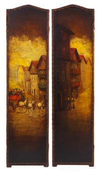 A Pair of Painted Leather Panels Height 68 1/4 x width 18 inches. — LATE 19TH/EARLY 20TH CENTURY