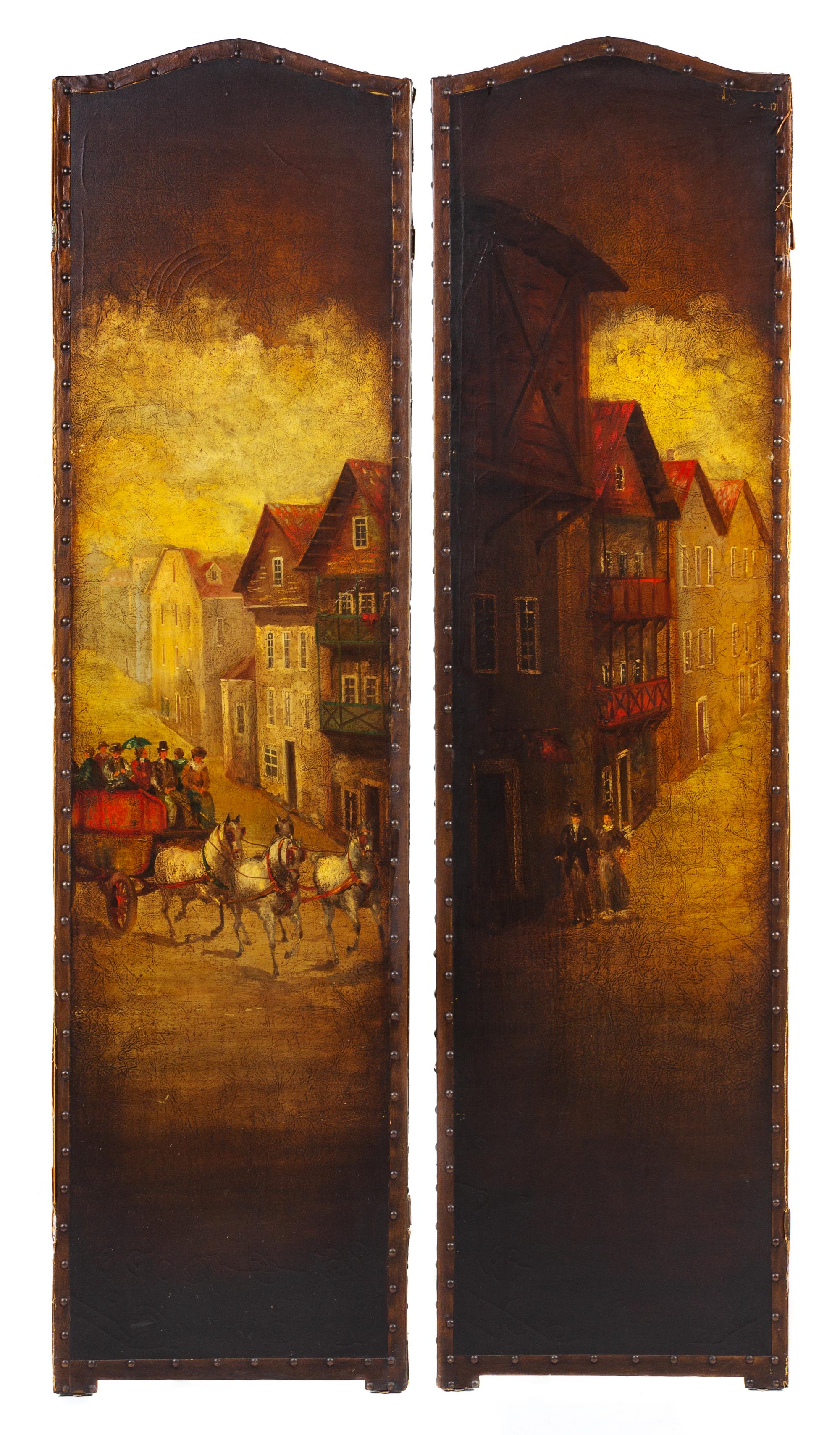 A Pair of Painted Leather Panels Height 68 1/4 x width 18 inches. — LATE 19TH/EARLY 20TH CENTURY