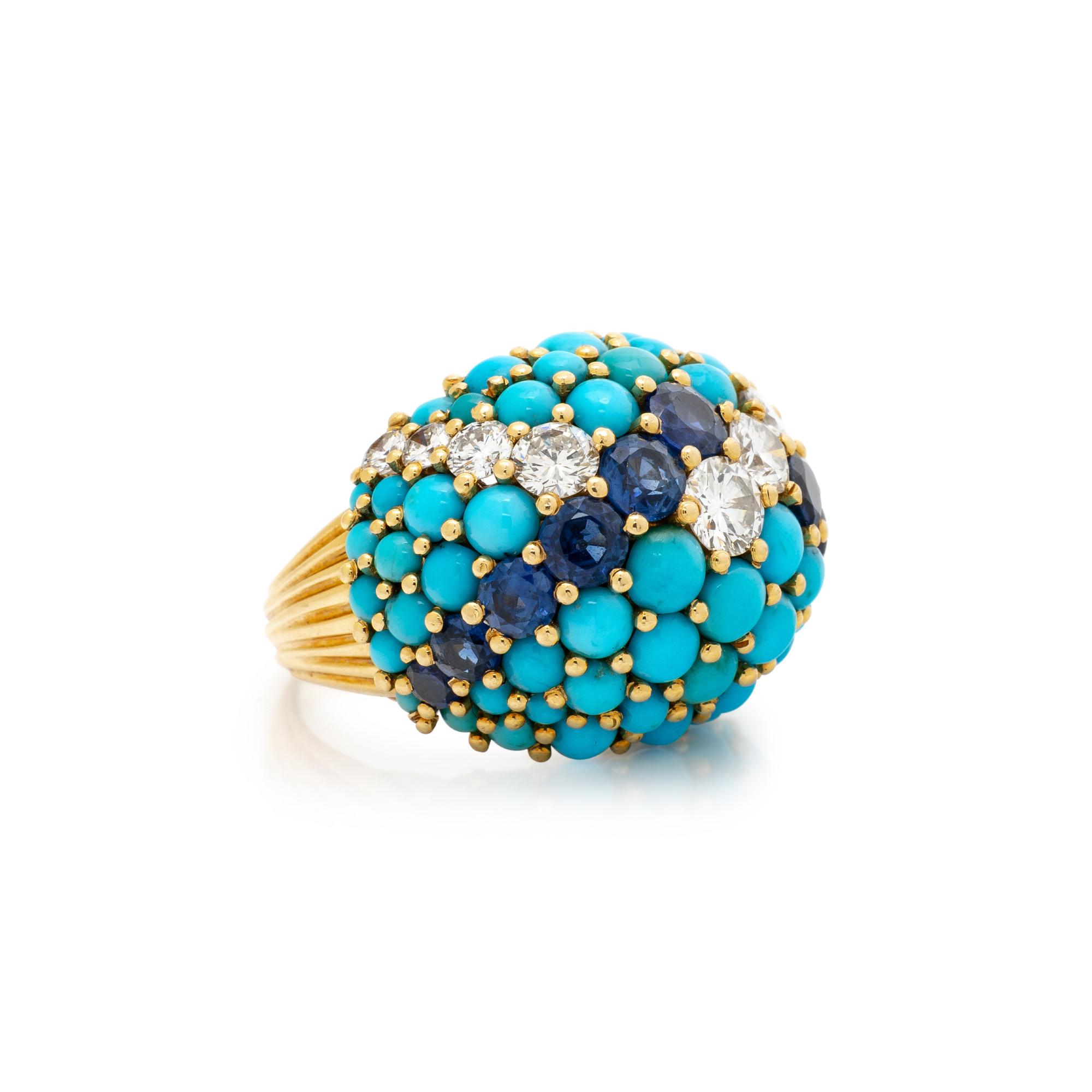 FRENCH, TURQUOISE, SAPPHIRE, AND DIAMOND RING