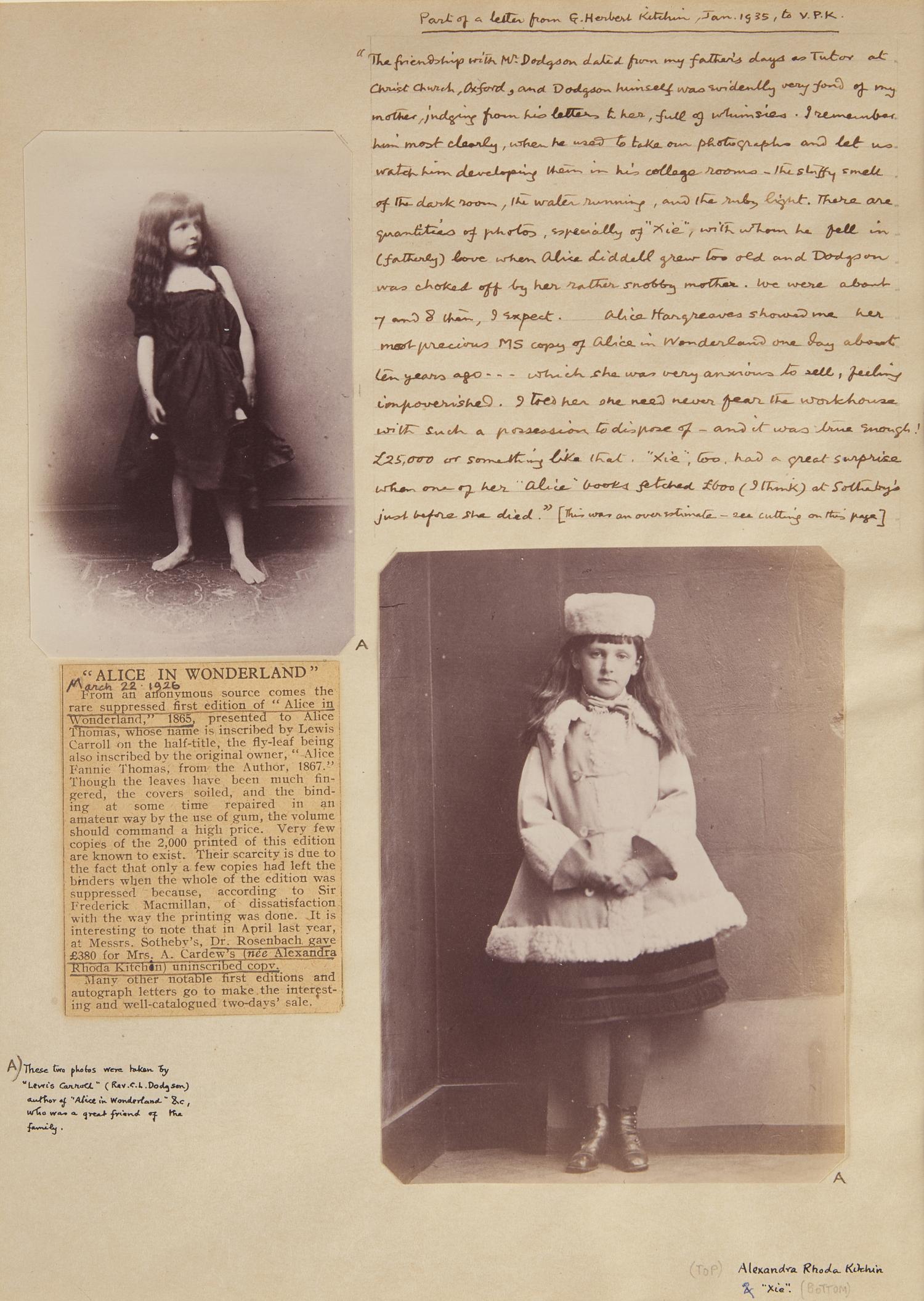Carroll, Lewis (Charles Lutwidge Dodgson). Two Albumen Photographs of Alexandra "Xie" Rhoda Kitchin