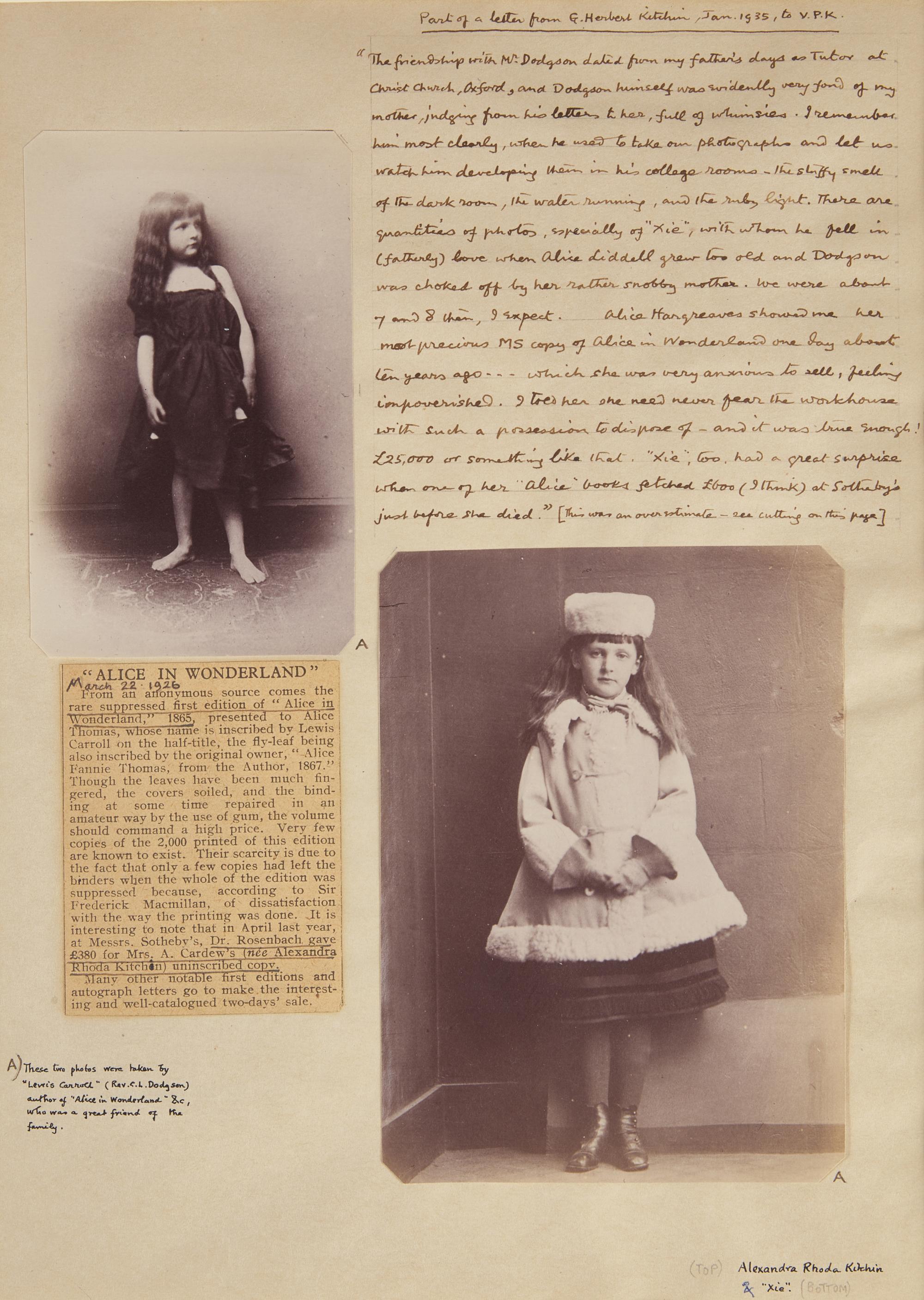 Carroll, Lewis (Charles Lutwidge Dodgson). Two Albumen Photographs of Alexandra "Xie" Rhoda Kitchin