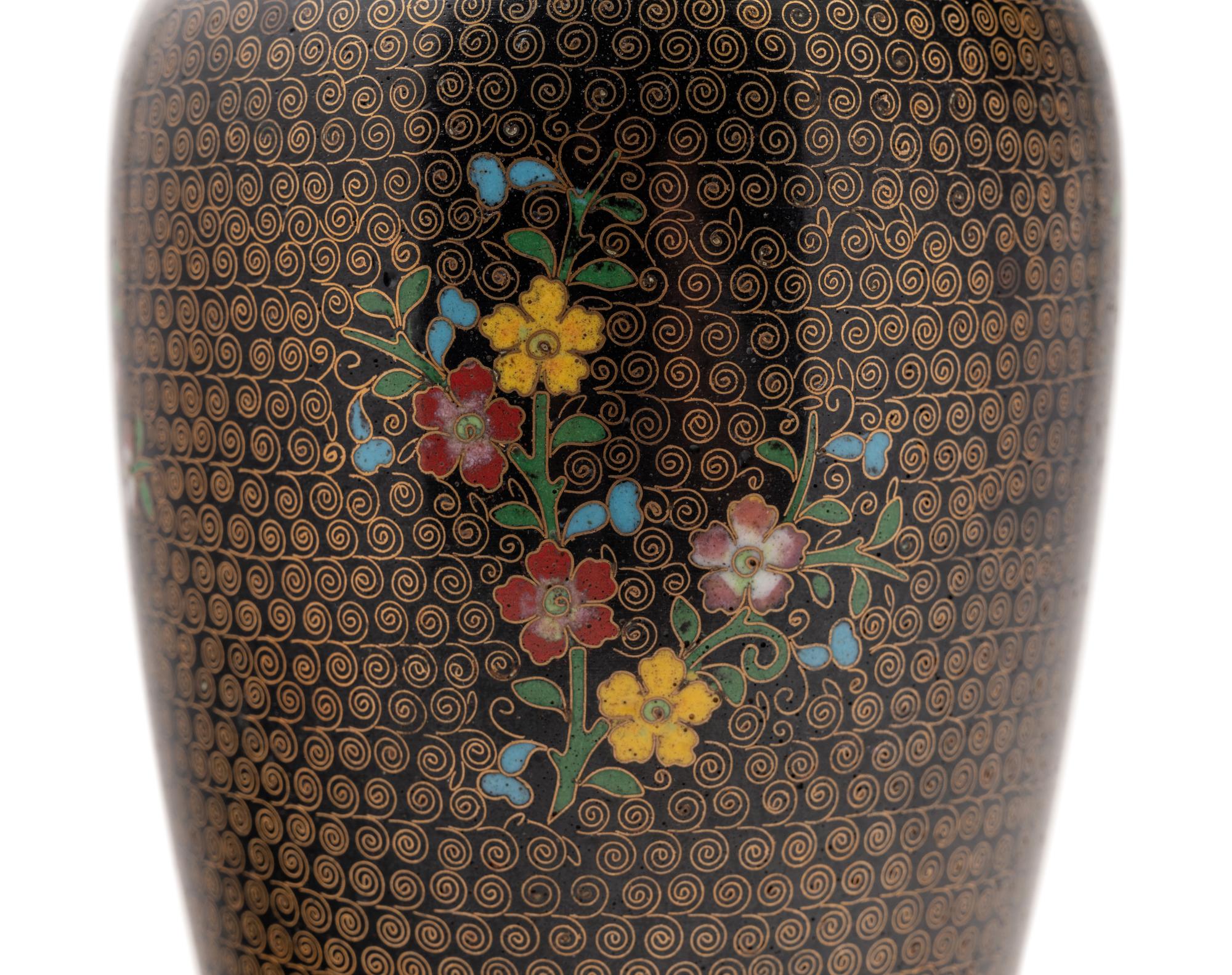 A Pair of Chinese Lacquer Vases and A Pair of Chinese Cloisonné Enamel Vases
