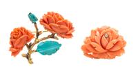 A Collection of Two 14 Karat Yellow Gold and Coral Brooches, 33.80 dwts.