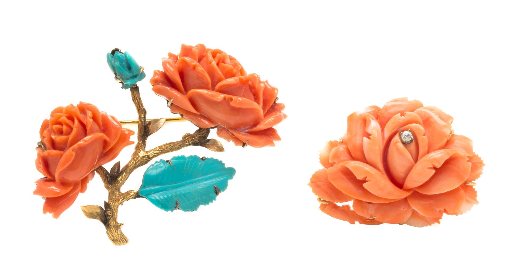 A Collection of Two 14 Karat Yellow Gold and Coral Brooches, 33.80 dwts.