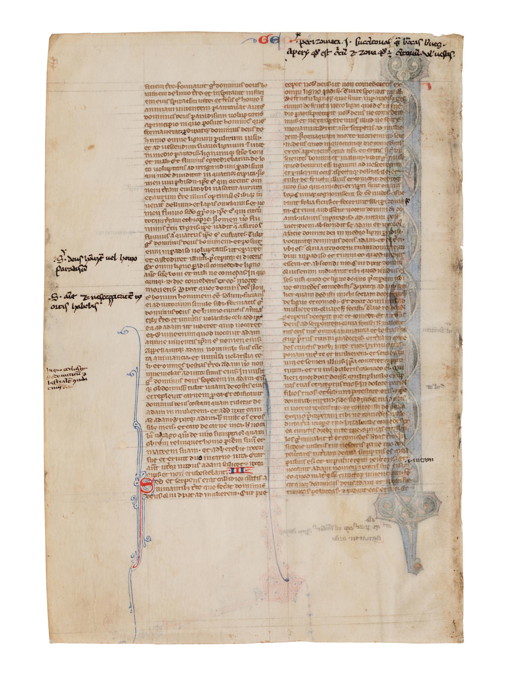 VIE DE SAINT DENIS ATELIER (active Paris, c. 1240-1260) Four leaves from a Bible, including one spectacular historiated initial ‘I’ of the Six Days of Creation and Christ Blessing, one historiated initial ‘D’ of David in Prayer, and one historiated initial D of Solomon with a rod, in Latin, illuminated manuscript on parchment [France, Paris, c. 1240-1260]