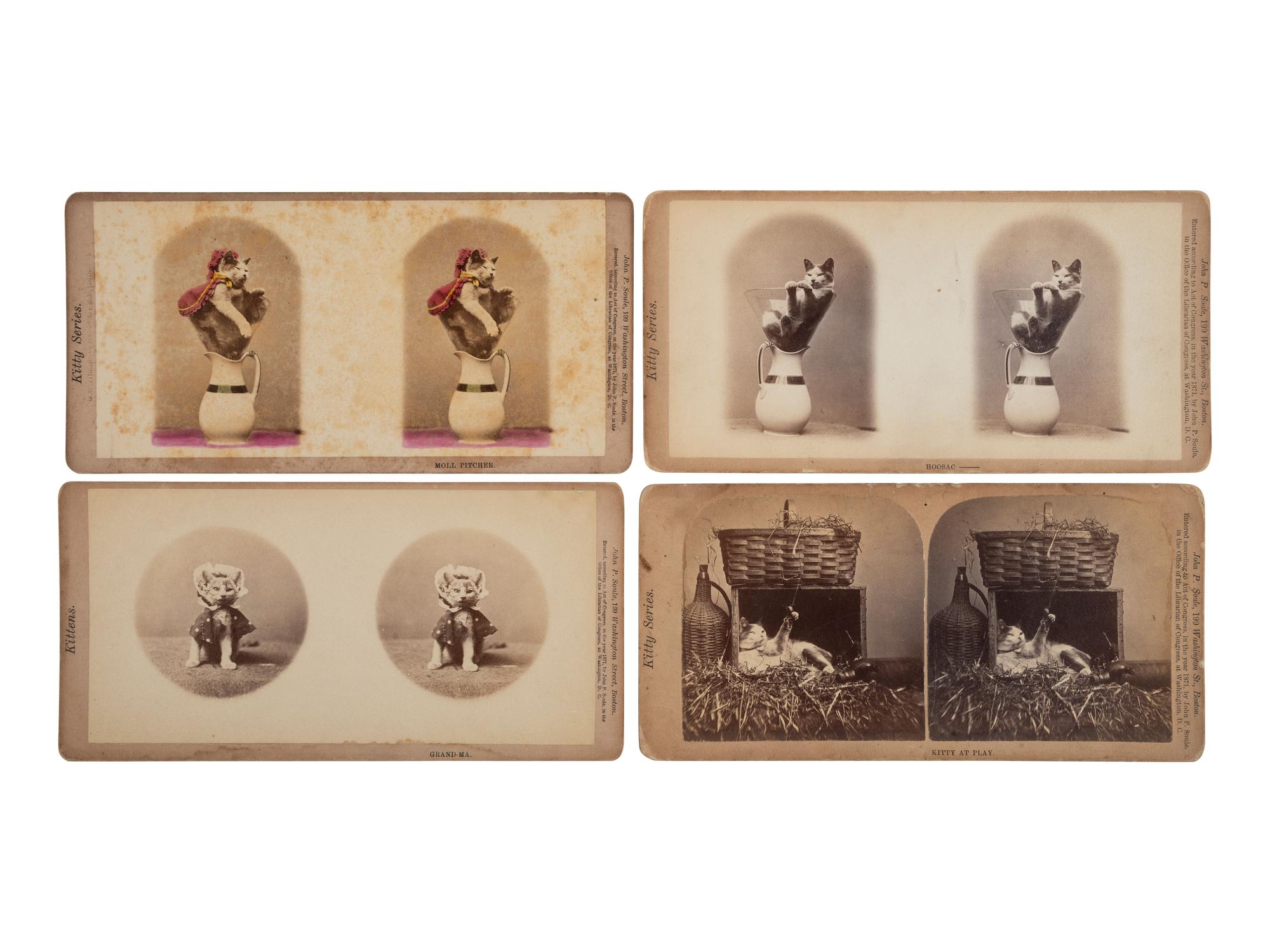 [EARLY PHOTOGRAPHY]. SOULE, John P. (1828-1904), photographer. 16 stereoviews of cats from the "Kittens" and "Kitty" series. Boston, MA: 1871.