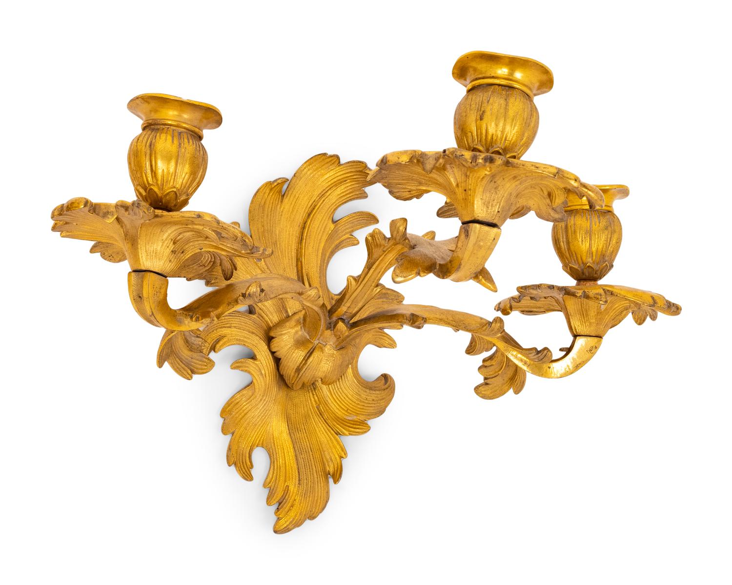A Pair of Louis XV Style Gilt Bronze Three-Light Sconces