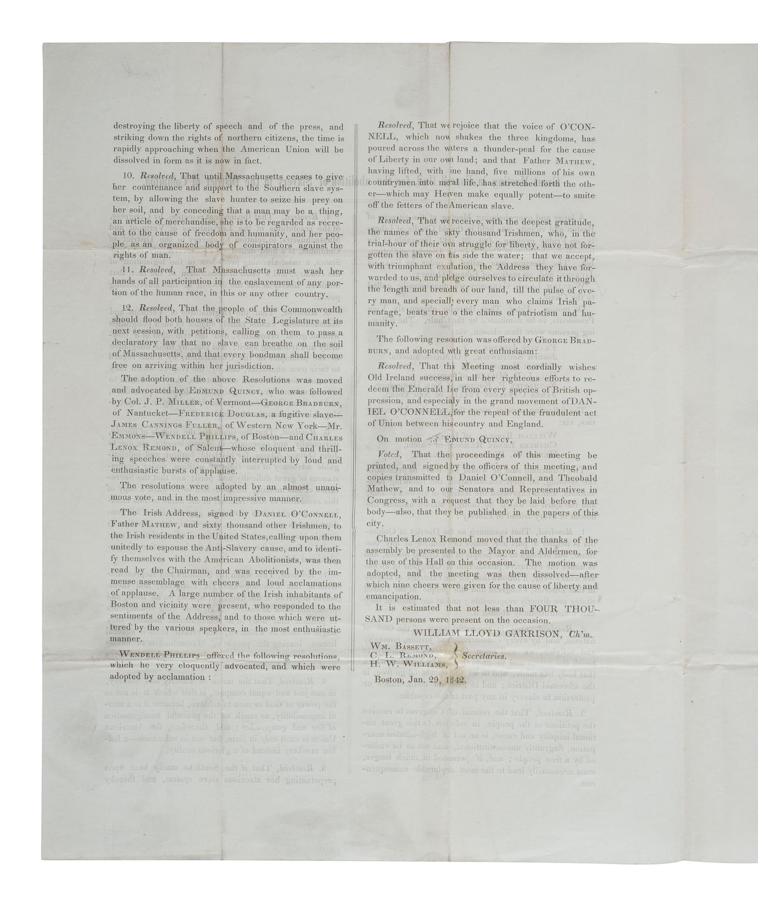 [SLAVERY & ABOLITION]. GARRISON, William Lloyd (1805-1879). Great Meeting in Faneuil Hall, for the abolition of Slavery in the District of Columbia. Boston: N.p., 1842. Postmarked Boston, 1842.
