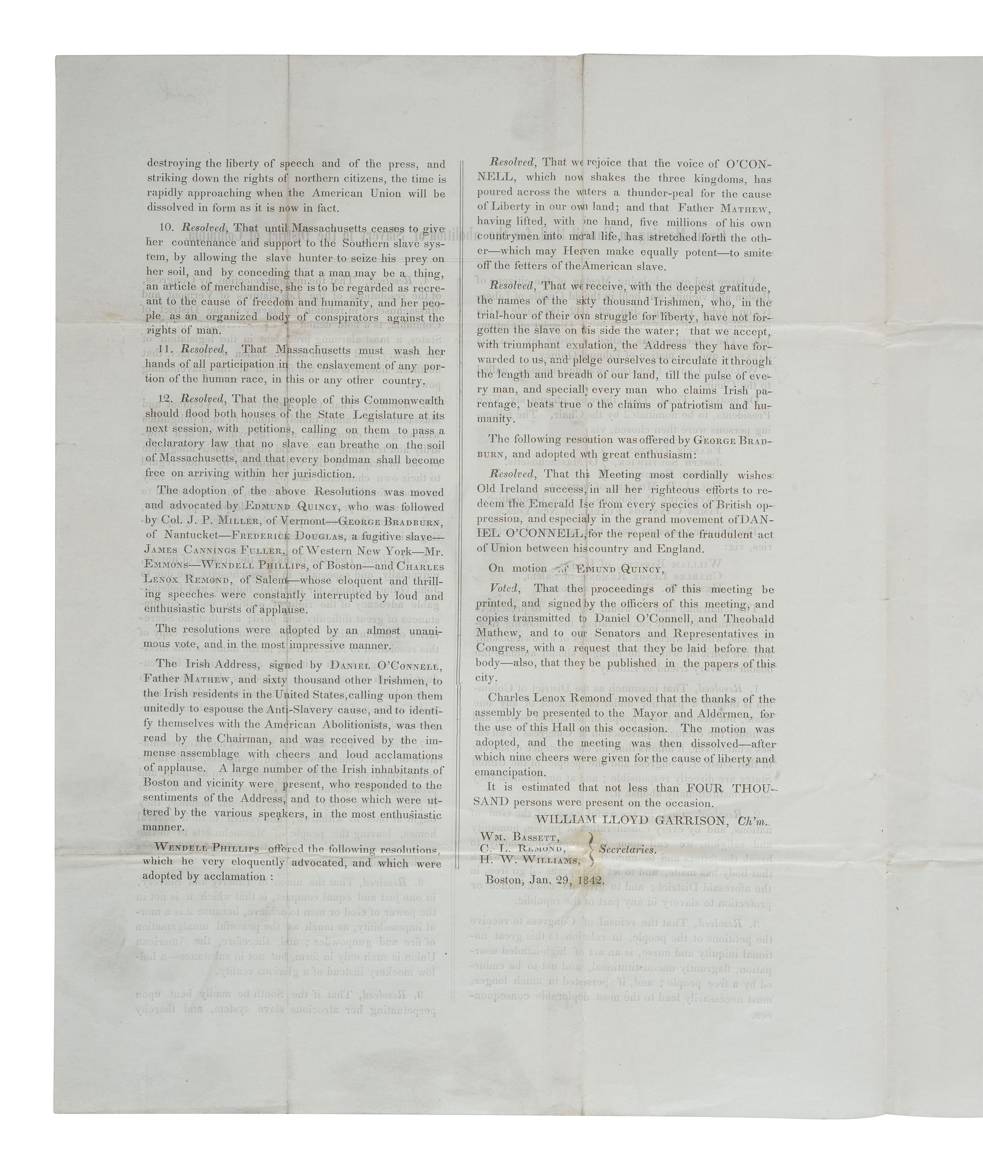 [SLAVERY & ABOLITION]. GARRISON, William Lloyd (1805-1879). Great Meeting in Faneuil Hall, for the abolition of Slavery in the District of Columbia. Boston: N.p., 1842. Postmarked Boston, 1842.