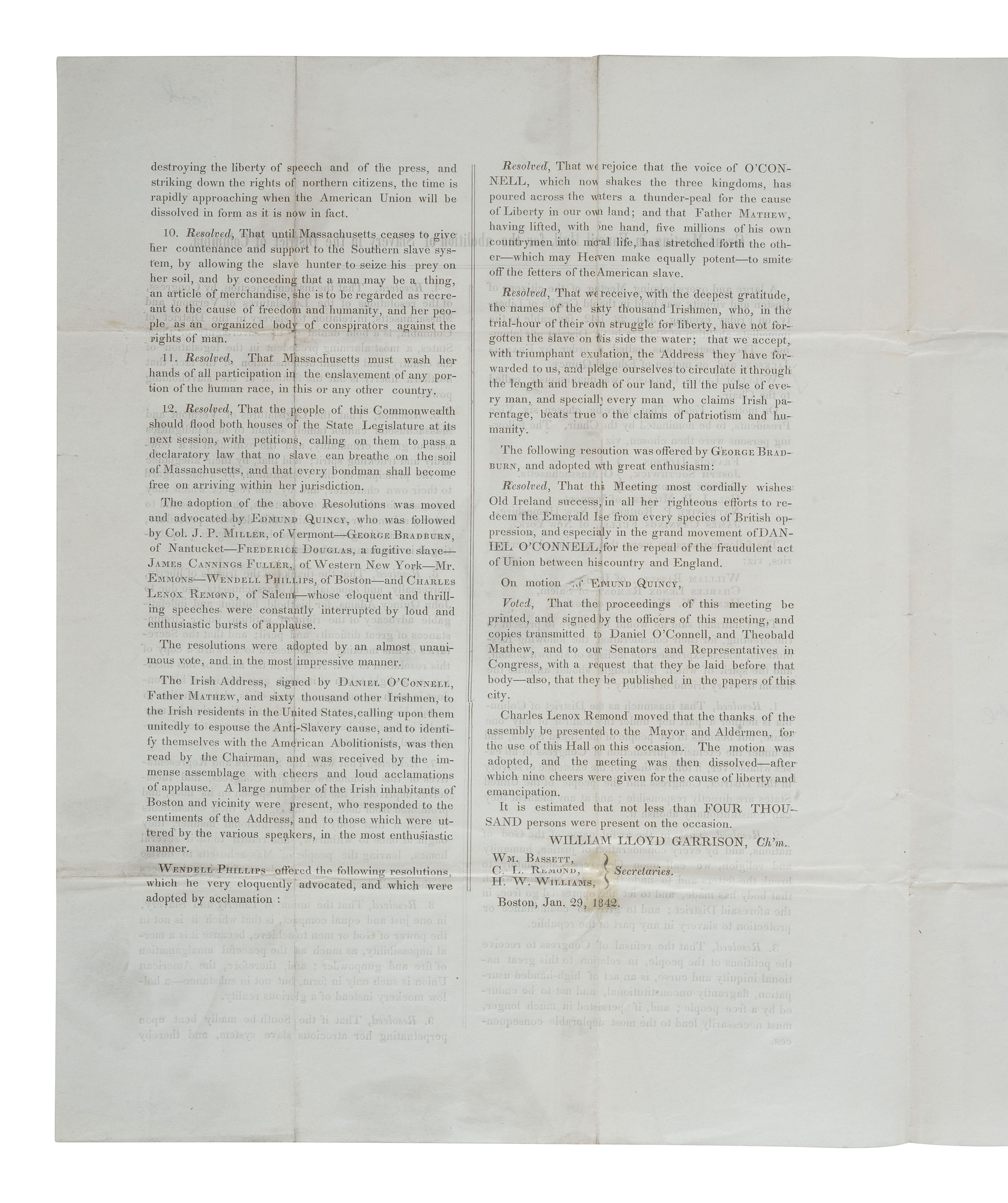 [SLAVERY & ABOLITION]. GARRISON, William Lloyd (1805-1879). Great Meeting in Faneuil Hall, for the abolition of Slavery in the District of Columbia. Boston: N.p., 1842. Postmarked Boston, 1842.