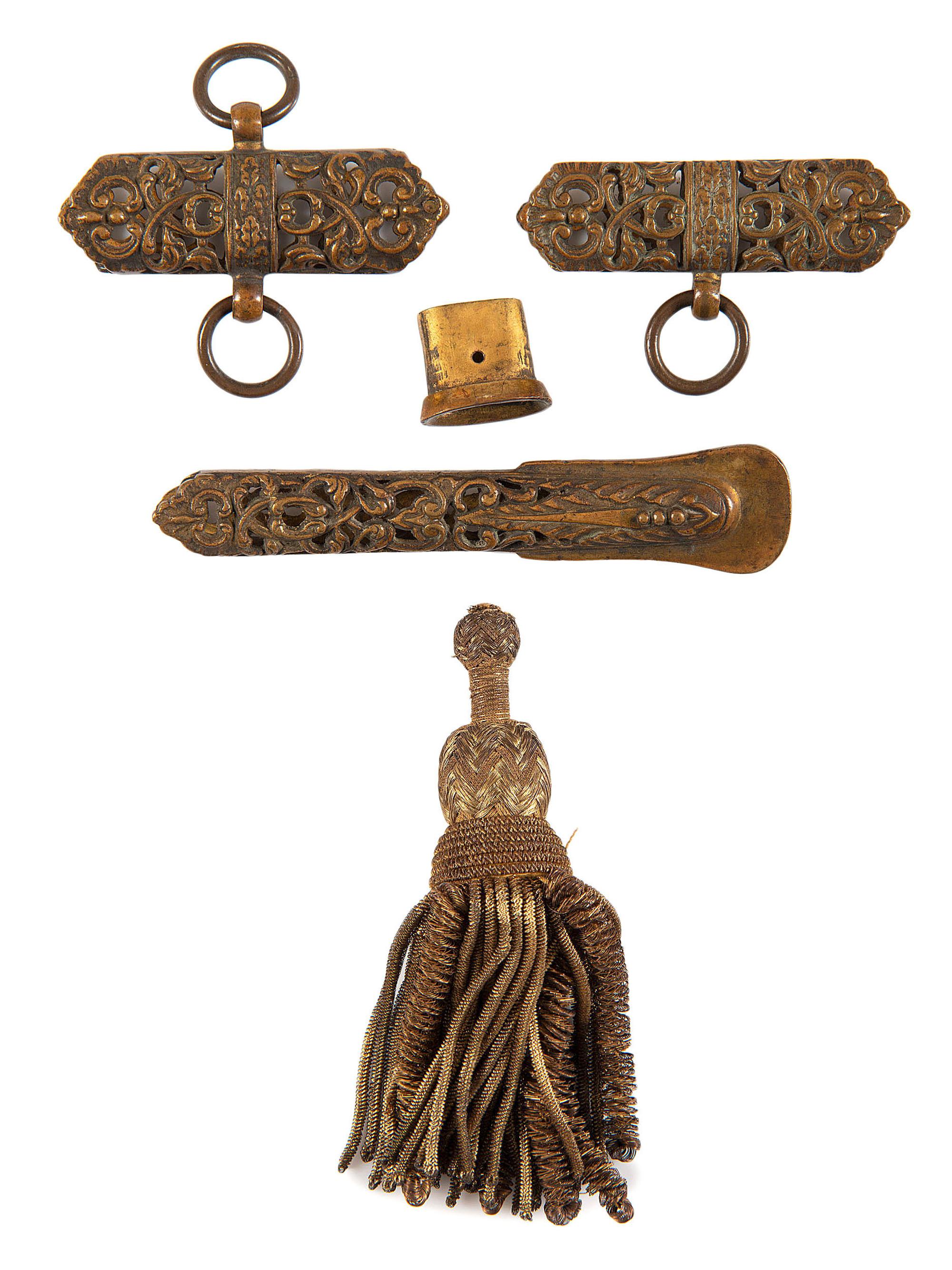 [CIVIL WAR - EQUIPMENT]. Civil War scabbard mounts and golden wire sword knot tassle.